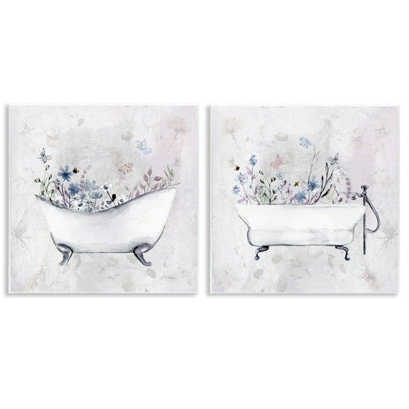 Stupell Industries Antique Tubs with Botanics Floral Painting Unframed Art Print Wall Art, 12 x 12, Set of 2