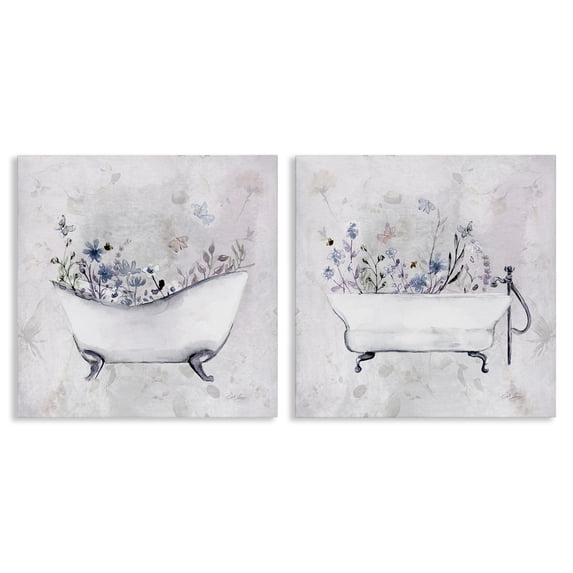 Stupell Industries Antique Tubs with Botanics Floral Painting Wrapped Canvas Canvas Art Print Wall Art, 24 x 24, Set of 2