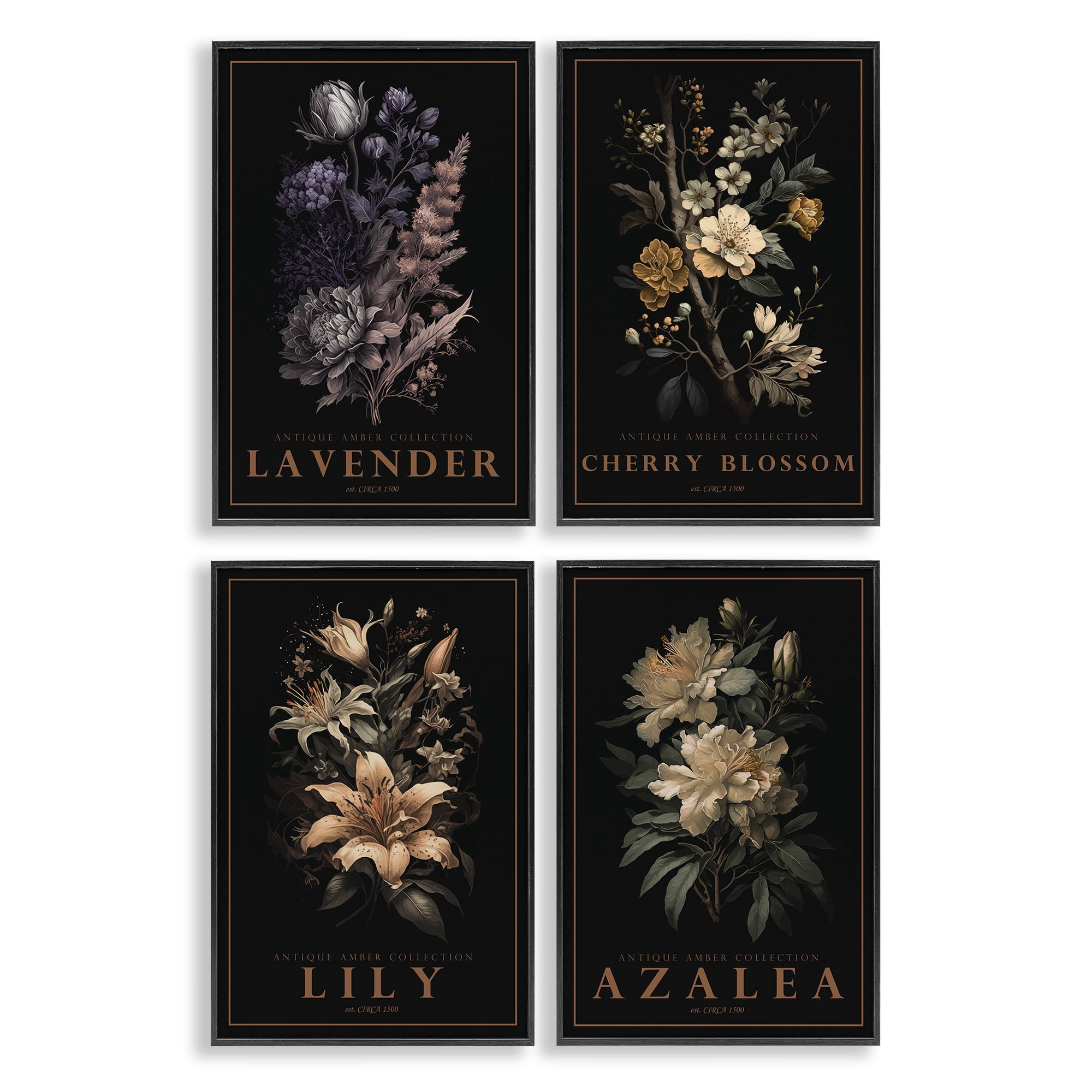 Stupell Industries Antique Varied Botanical Blooms 4 Piece Black Framed Giclee Art Set, design by Chris Giampietro