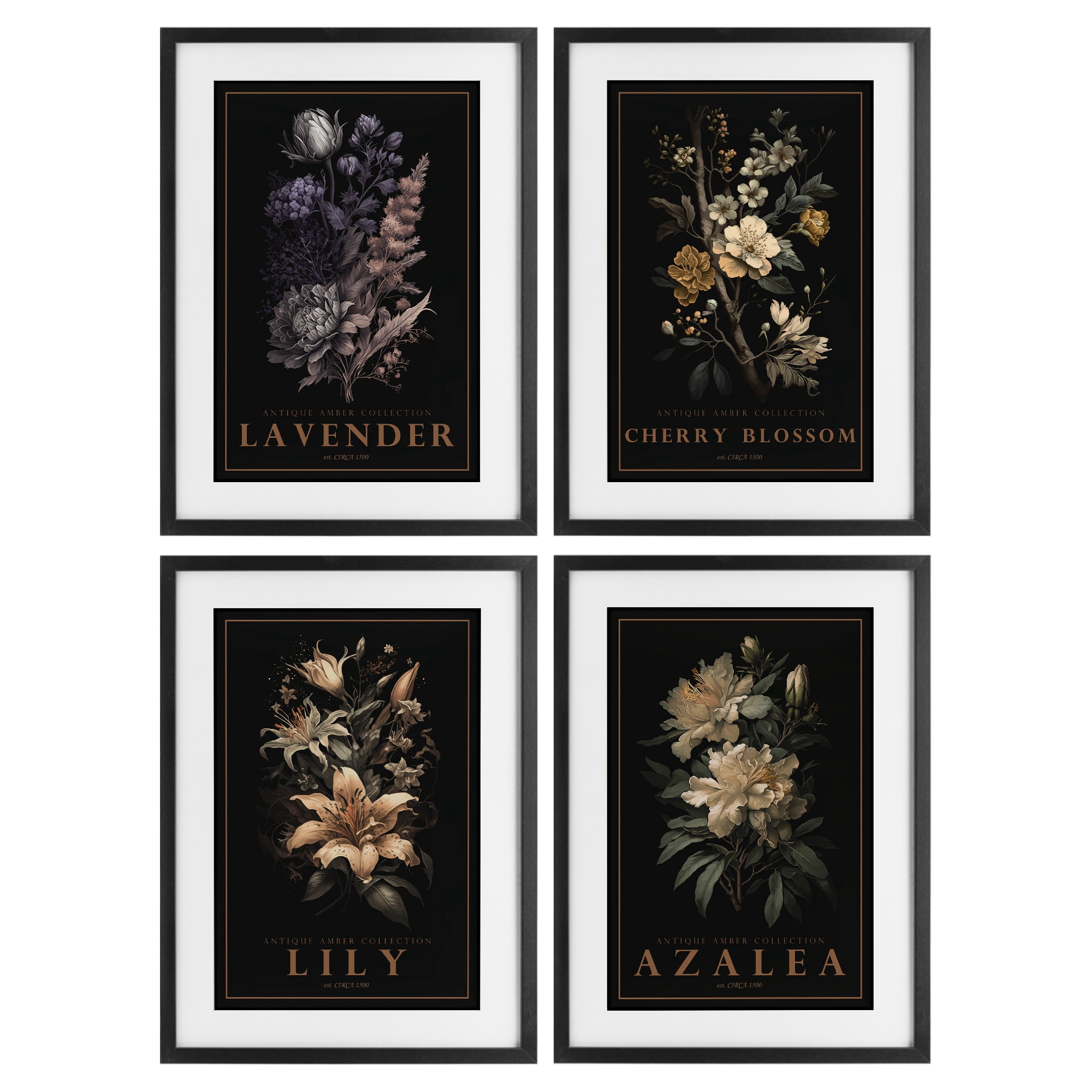 Stupell Industries Antique Varied Botanical Blooms 4 Piece Black Framed Print Under Glass Set, design by Chris Giampietro