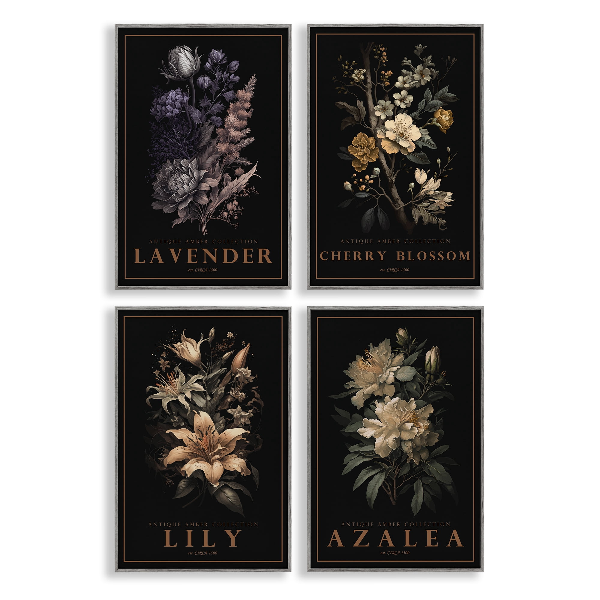 Stupell Industries Antique Varied Botanical Blooms 4 Piece Gray Framed Giclee Art Set, design by Chris Giampietro