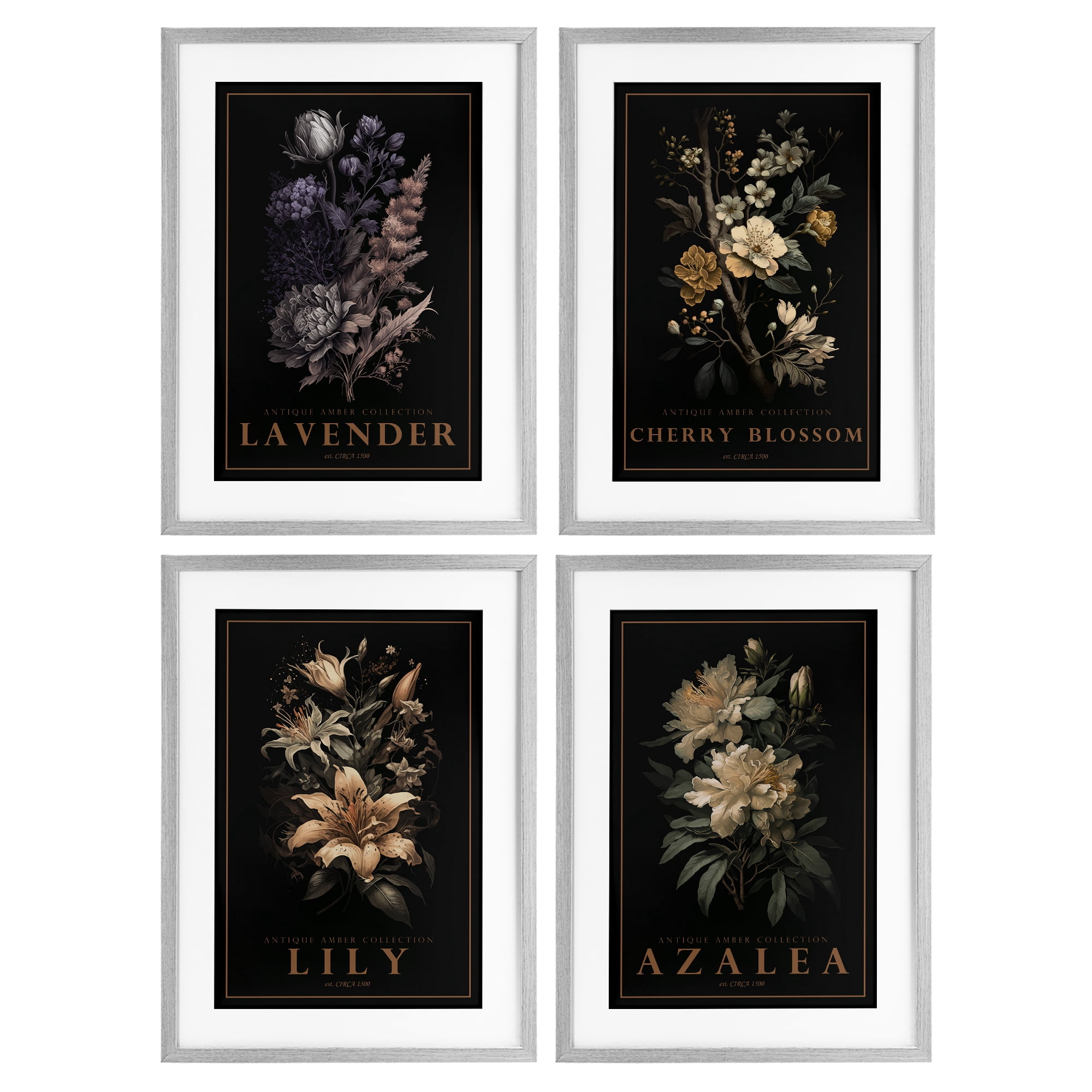 Stupell Industries Antique Varied Botanical Blooms 4 Piece Gray Framed Print Under Glass Set, design by Chris Giampietro