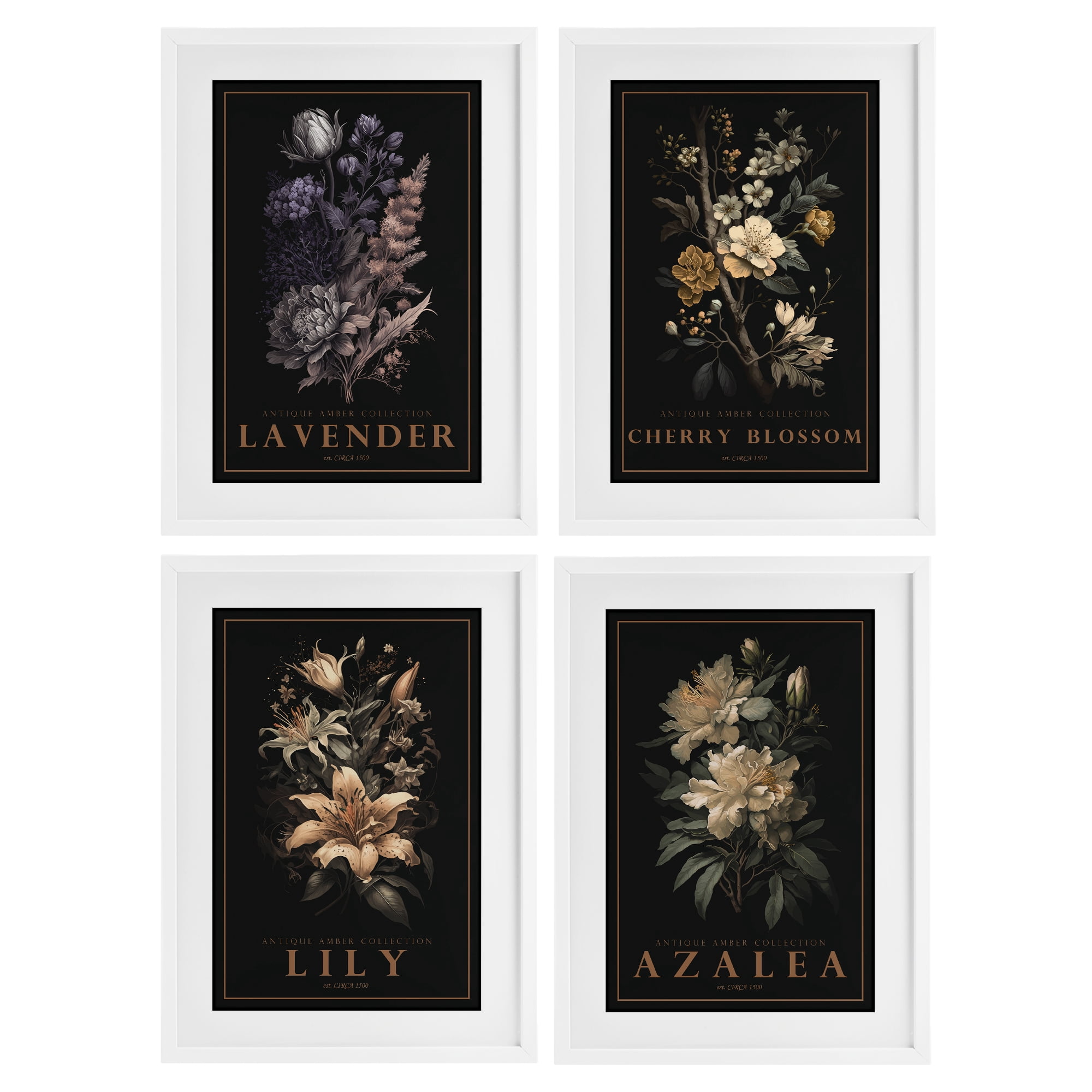 Stupell Industries Antique Varied Botanical Blooms 4 Piece White Framed Print Under Glass Set, design by Chris Giampietro