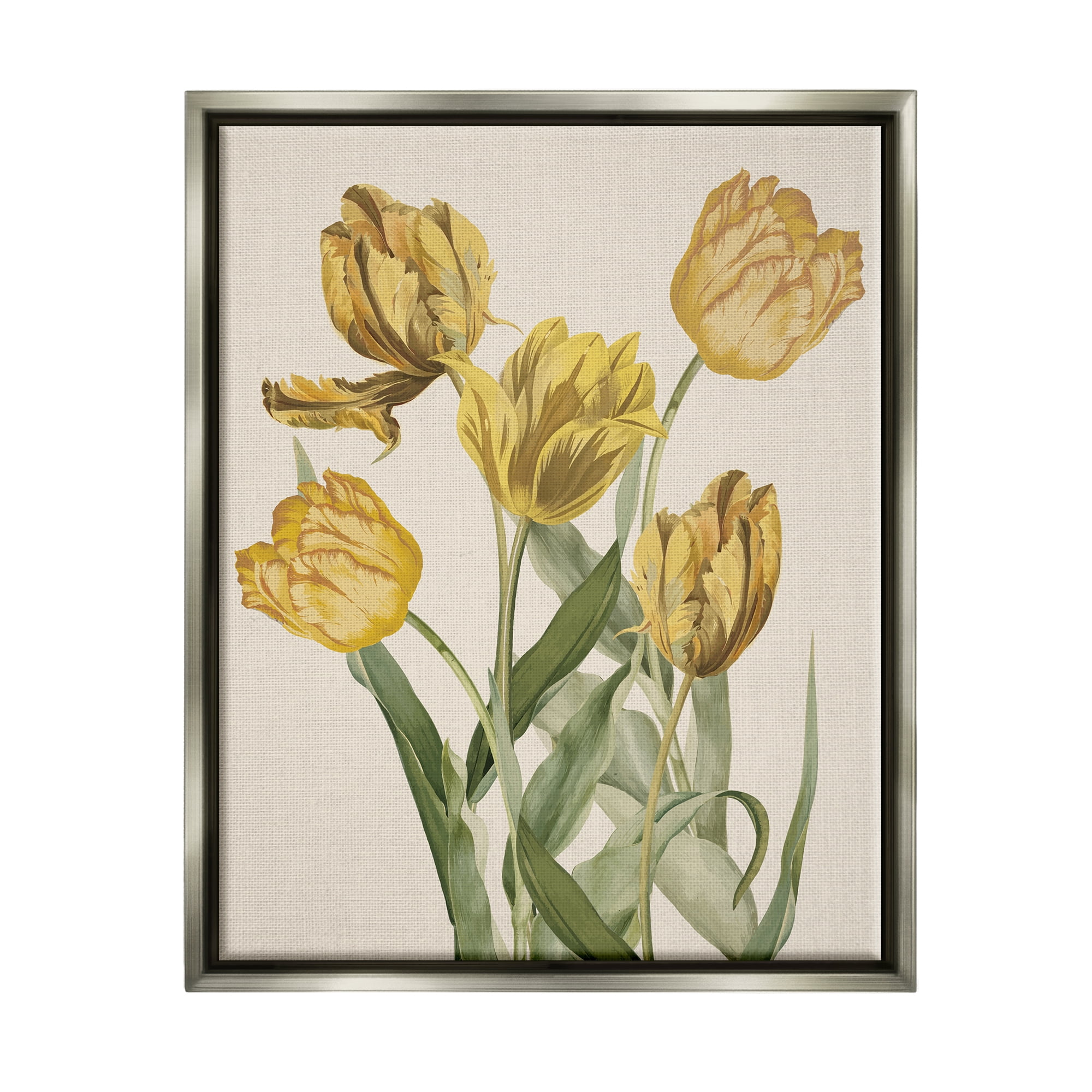 Stupell Industries Antique Yellow Tulips Botanical & Floral Painting Gray Floater Framed Canvas Art Print Wall Art, 17 x 21