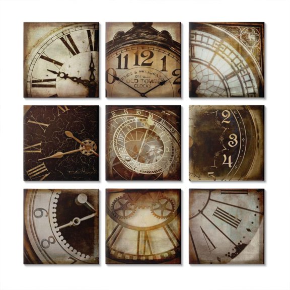 Stupell Industries Antique and Intricate Clock Faces Time Design Design by Russell Brennan, 9 Piece, 12" x 12"