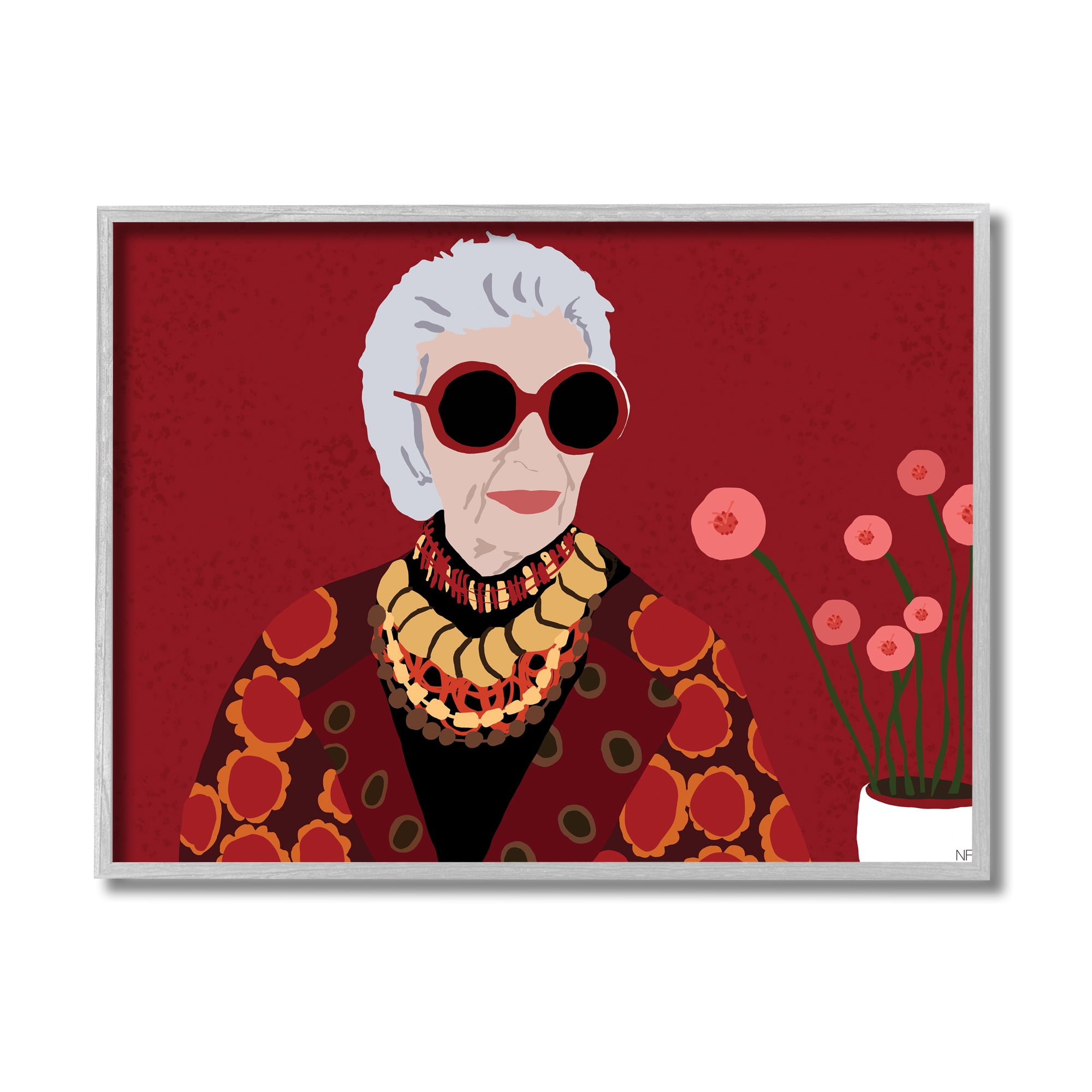 Stupell Industries Apfel Fashion Icon Glamourous Red Portrait Beauty & Fashion Painting Gray Framed Art Print Wall Art, 11 x 14