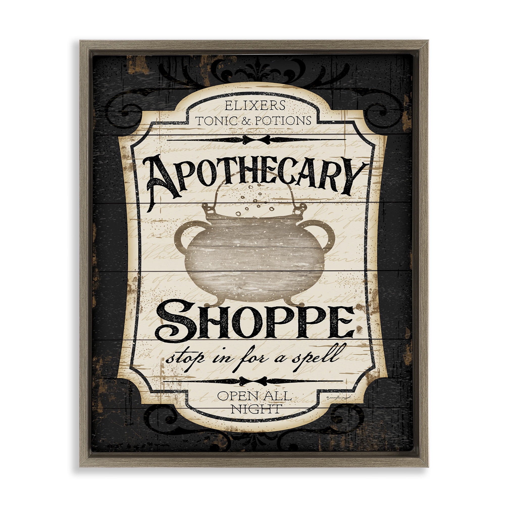 Stupell Industries Apothecary Shoppe Spooky Sign Holiday Painting Brown Floater Framed Canvas Art Print Wall Art, 17 x 21