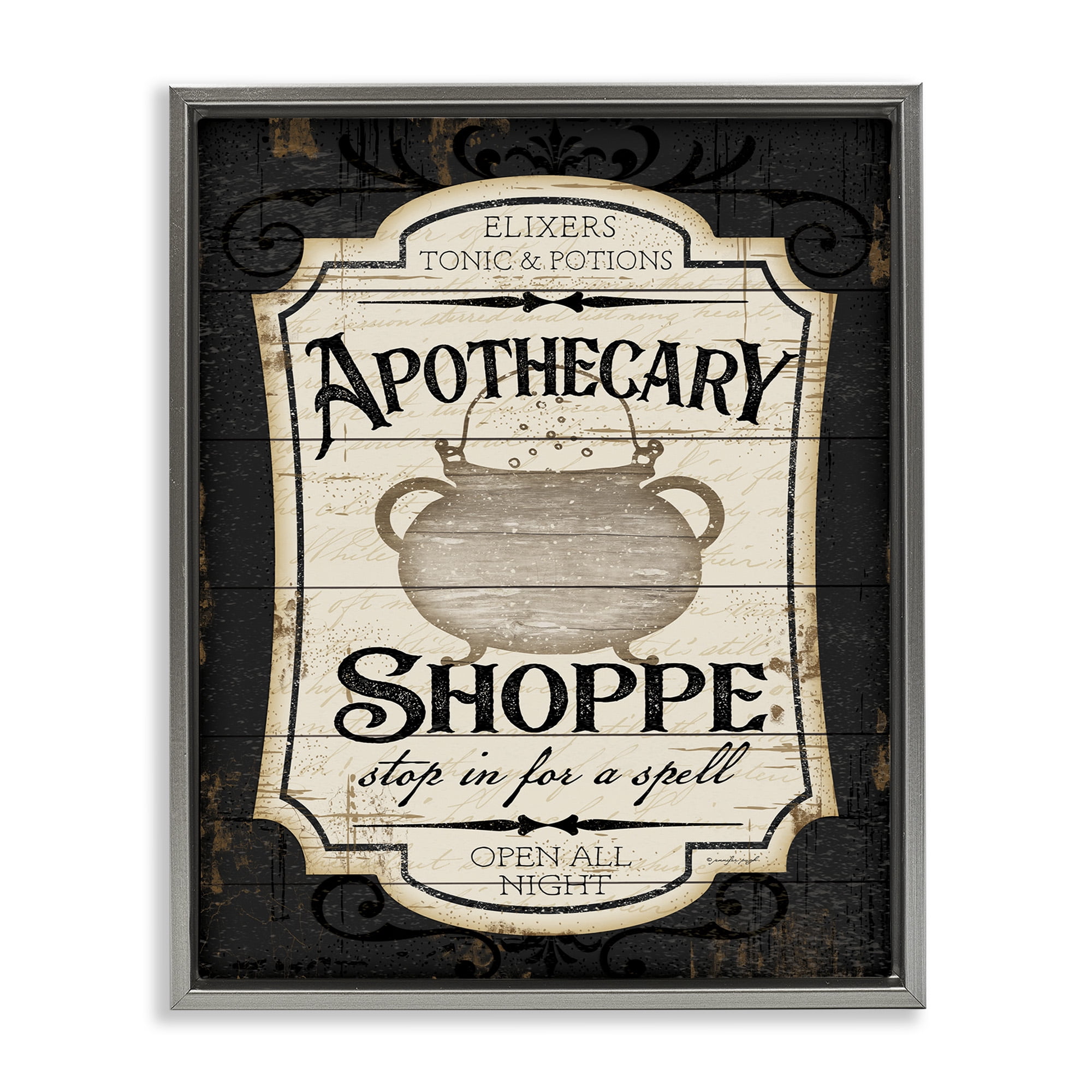 Stupell Industries Apothecary Shoppe Spooky Sign Holiday Painting Gray Floater Framed Canvas Art Print Wall Art, 17 x 21