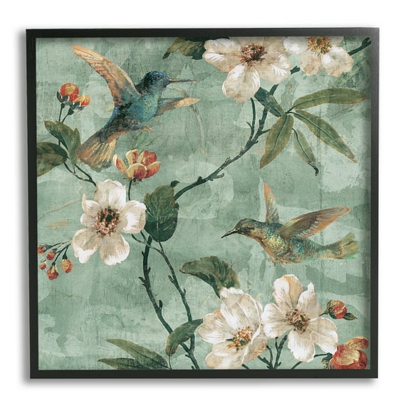 Stupell Industries Apple Blossoms & Birds Botanical & Floral Painting Black Framed Art Print Wall Art, 12 x 12