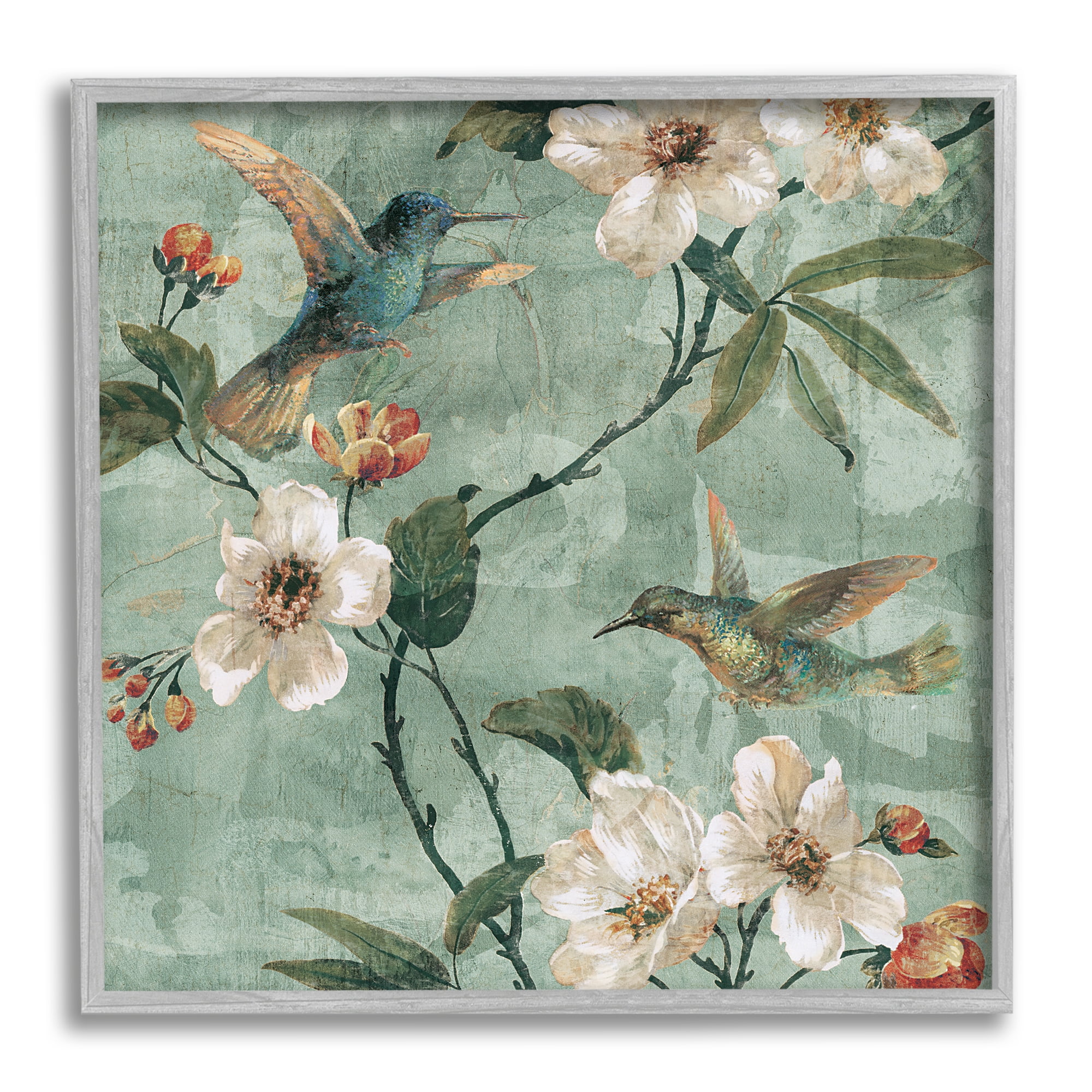 Stupell Industries Apple Blossoms & Birds Botanical & Floral Painting Gray Framed Art Print Wall Art, 17 x 17