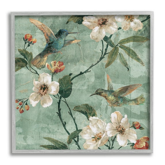 Stupell Industries Apple Blossoms & Birds Botanical & Floral Painting Gray Framed Art Print Wall Art, 24 x 24