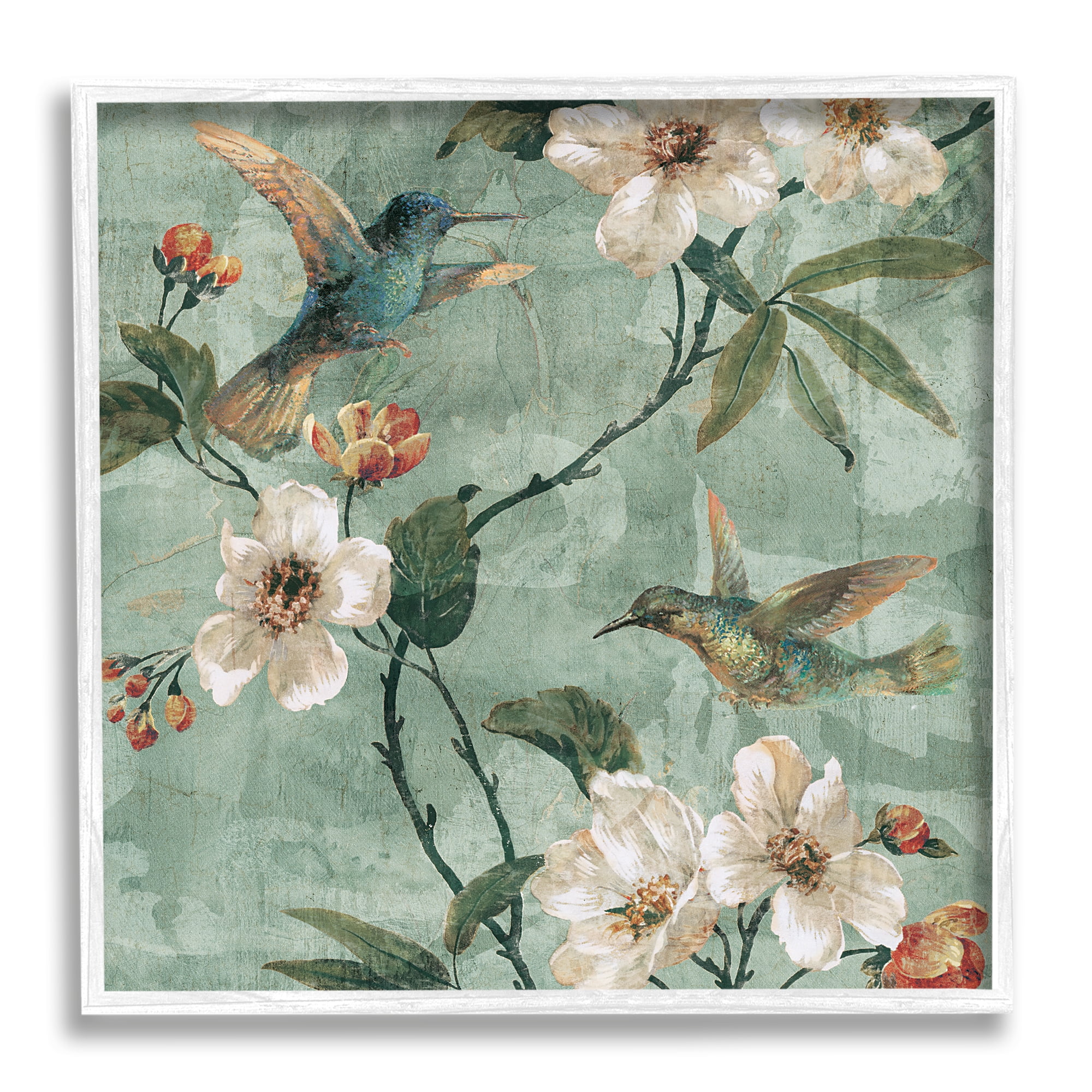 Stupell Industries Apple Blossoms & Birds Botanical & Floral Painting White Framed Art Print Wall Art, 17 x 17