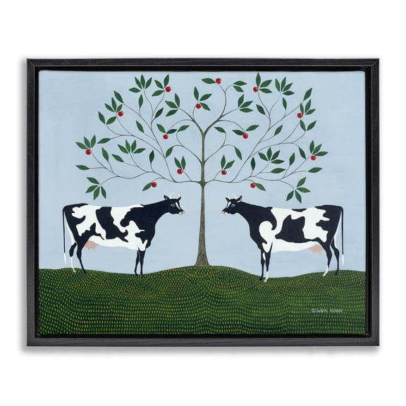 Stupell Industries Apple Tree Cows Symmetry Black Framed Floater Canvas Wall Art design by Susan Henke, 17 x 21