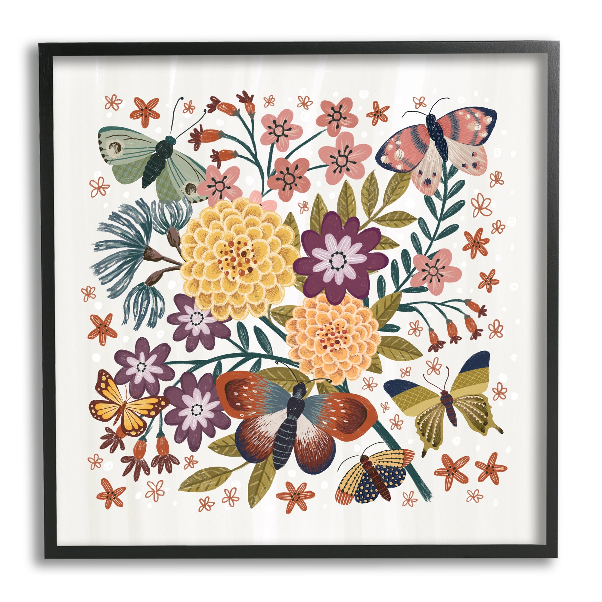 Stupell Industries Applique Pattern Florals Botanical & Floral Painting Black Framed Art Print Wall Art, 24 x 24