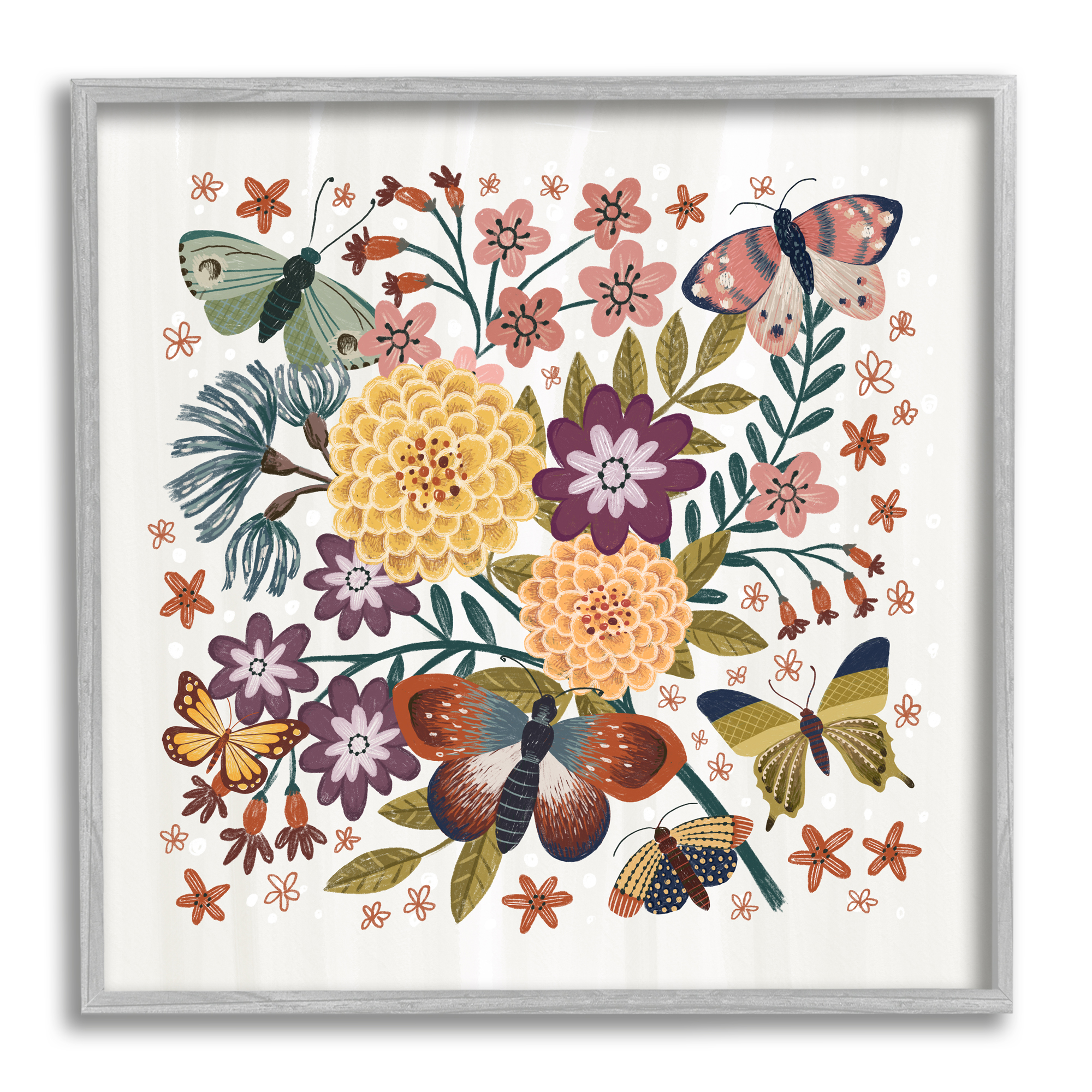 Stupell Industries Applique Pattern Florals Botanical & Floral Painting Gray Framed Art Print Wall Art, 12 x 12