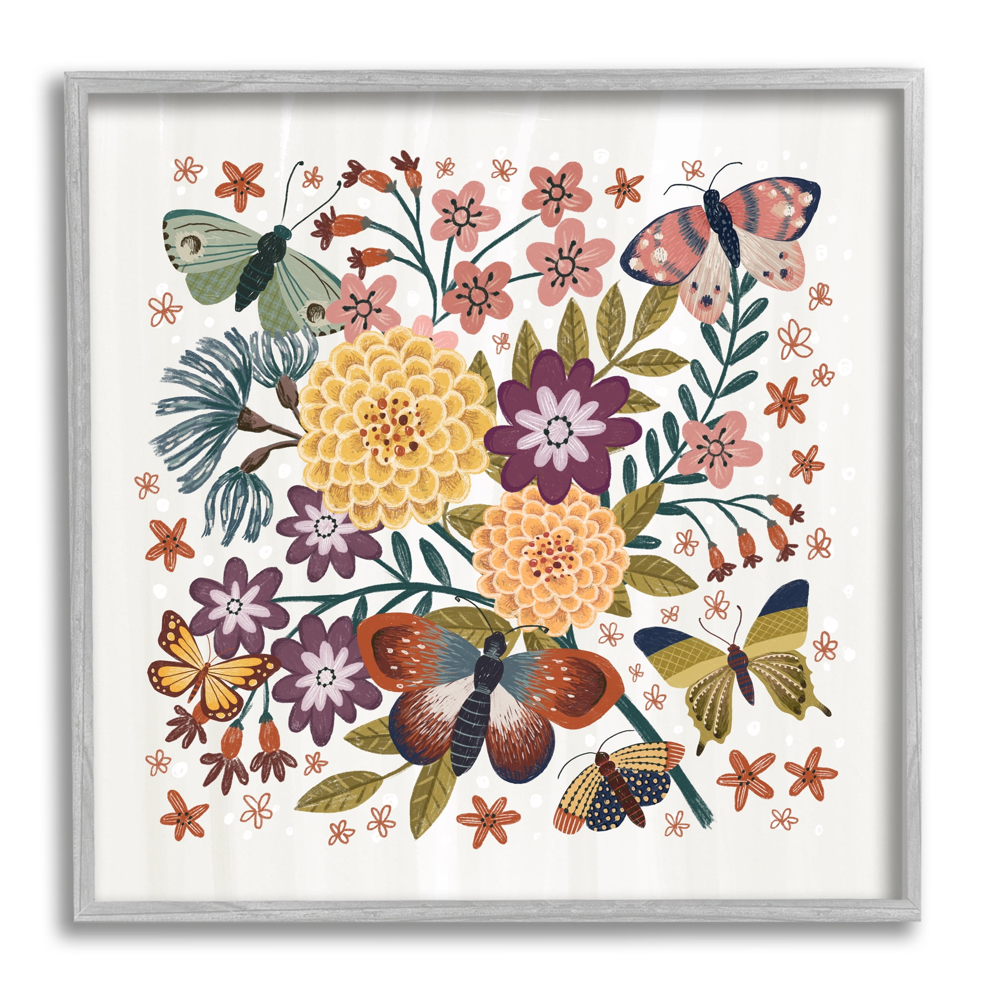 Stupell Industries Applique Pattern Florals Botanical & Floral Painting Gray Framed Art Print Wall Art, 17 x 17