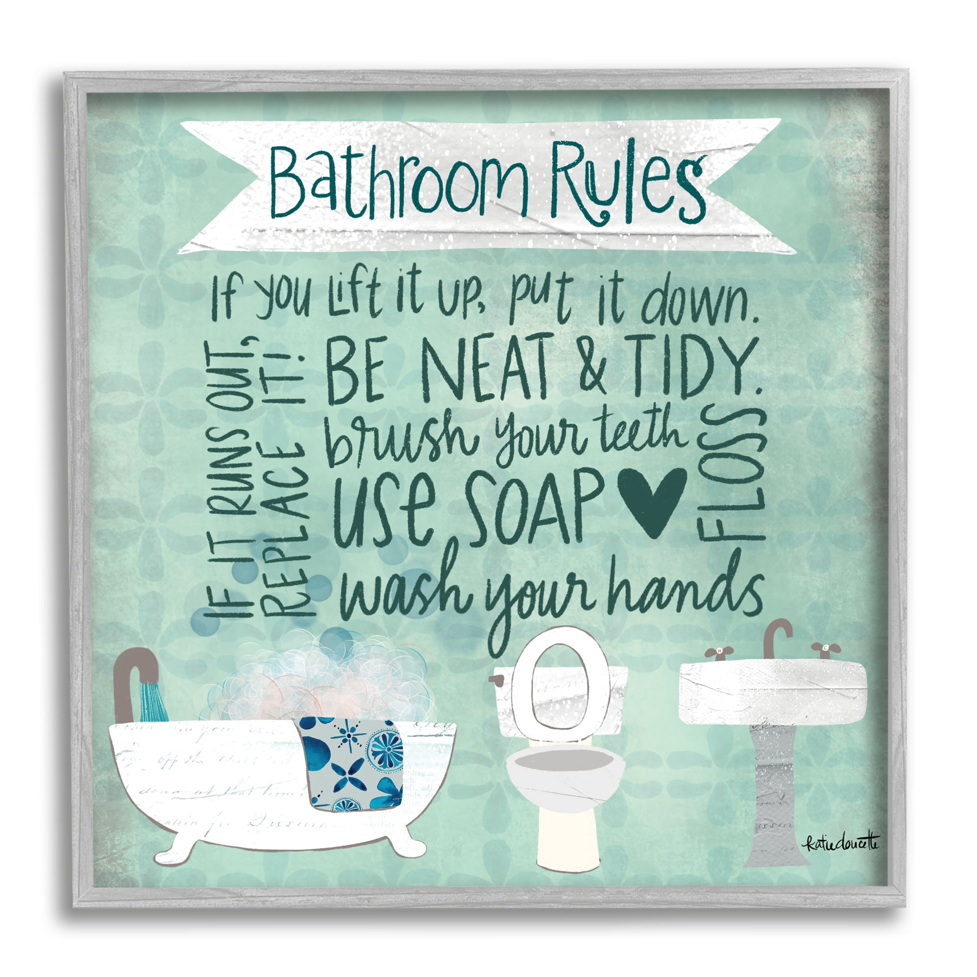 Stupell Industries Aqua Blue Bathroom Rules Collage Look Typography, 12 x 12,Design by Katie Doucette
