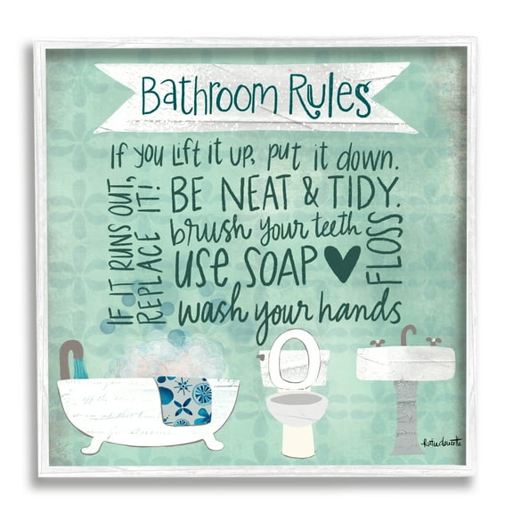 Stupell Industries Aqua Blue Bathroom Rules Collage Look Typography, 24 x 24,Design by Katie Doucette