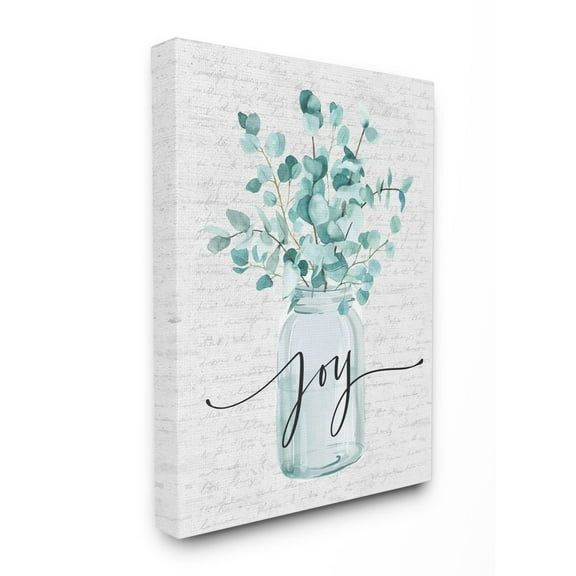 Stupell Industries Aqua Blue Plant Leaves In Jar Joy Text Design Canvas Wall Art Design by Lettered and Lined, 36" x 48"