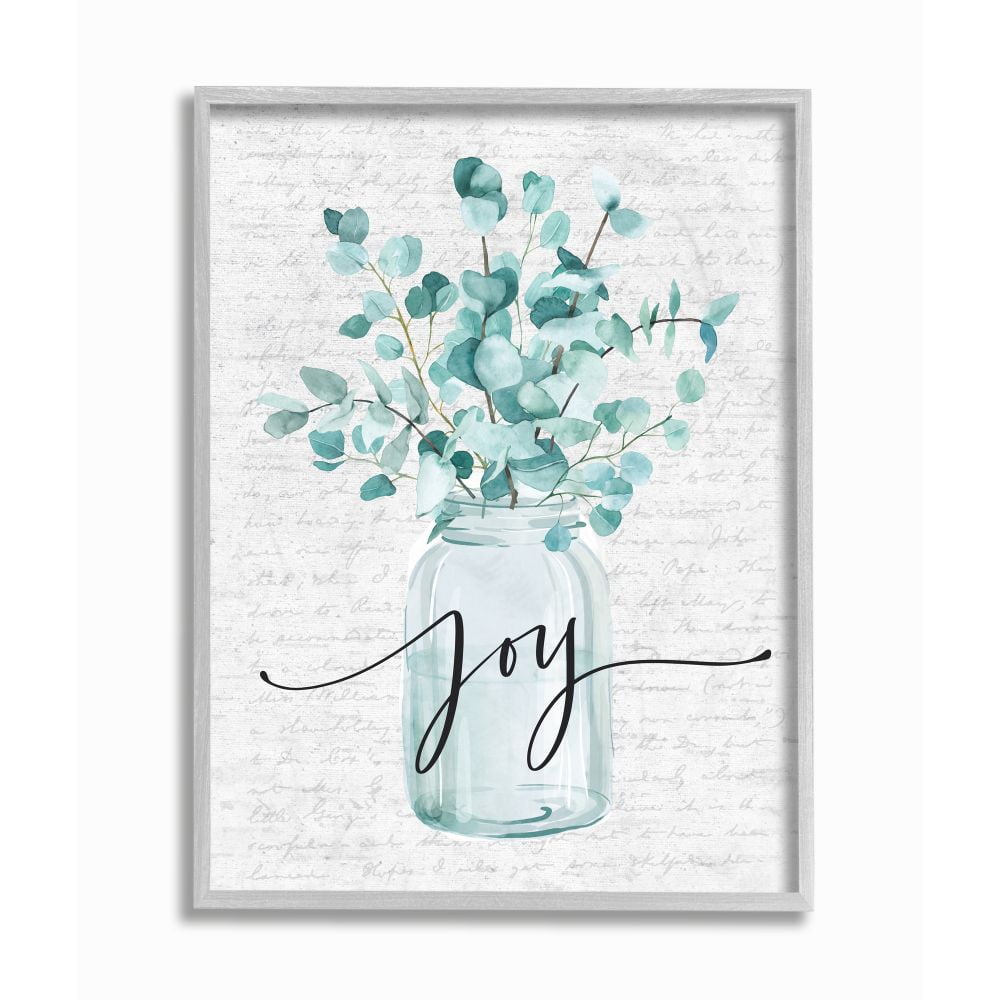 Stupell Industries Aqua Blue Plant Leaves In Jar Joy Text Design Framed Wall Art Design by Lettered and Lined, 11" x 14", Gray Framed
