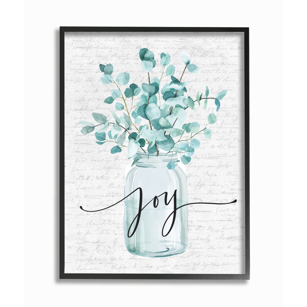 Stupell Industries Aqua Blue Plant Leaves In Jar Joy Text Design Framed Wall Art Design by Lettered and Lined, 16" x 20", Black Framed