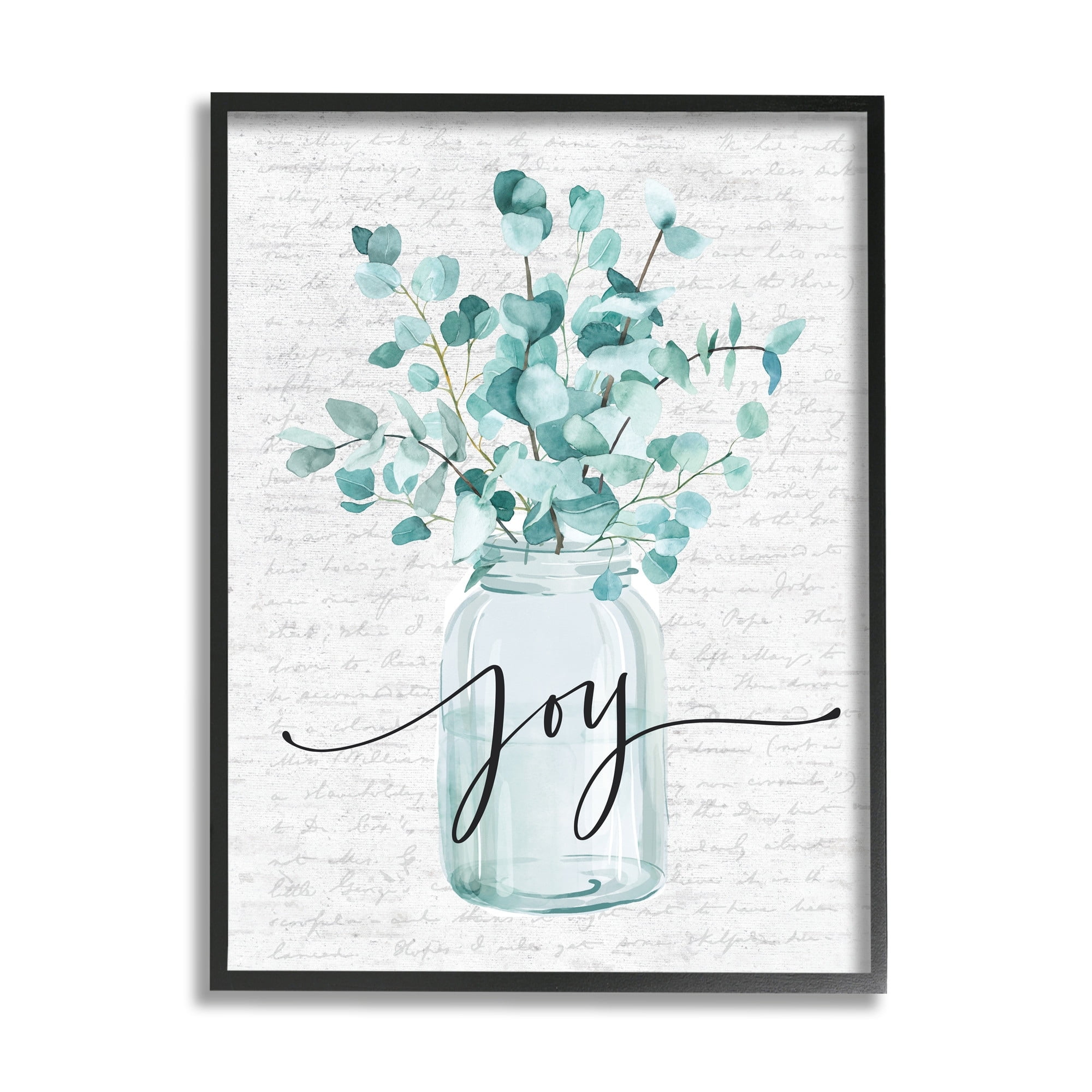 Stupell Industries Aqua Blue Plant Leaves In Jar Joy Text Design Framed Wall Art Design by Lettered and Lined, 24" x 30", Black Framed