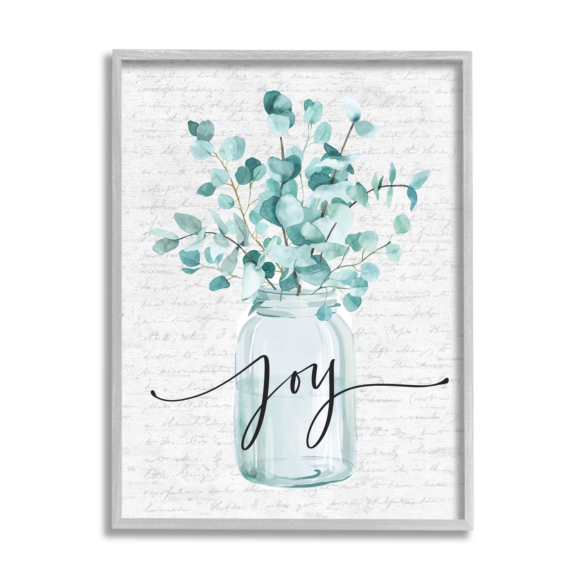 Stupell Industries Aqua Blue Plant Leaves In Jar Joy Text Design Graphic Art Framed Art Print Wall Art, 24x30, By Lettered and Lined