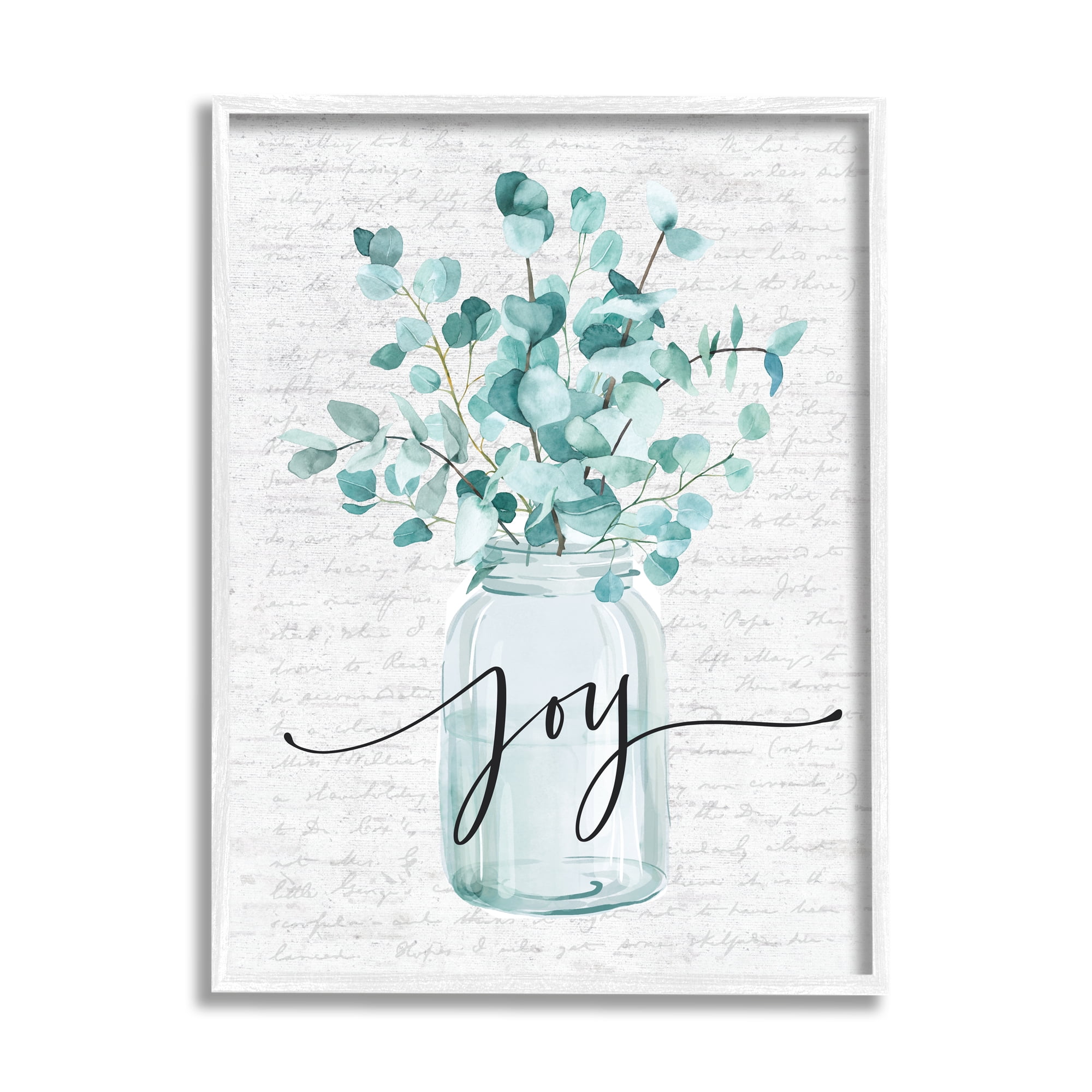 Stupell Industries Aqua Blue Plant Leaves In Jar Joy Text Design Graphic Art Framed Art Print Wall Art, 24x30, By Lettered and Lined