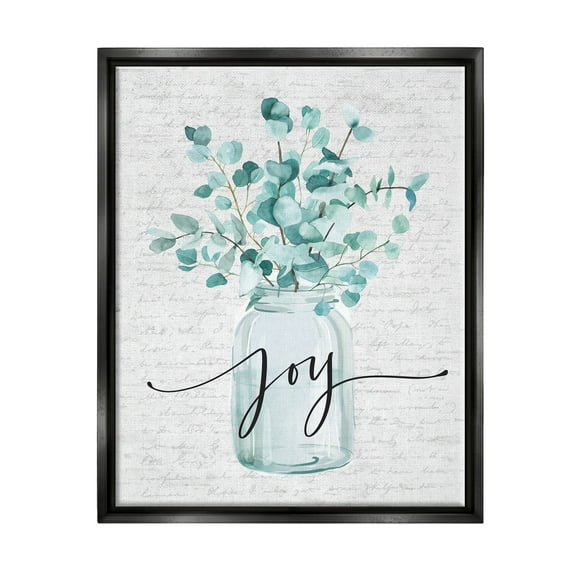 Stupell Industries Aqua Blue Plant Leaves In Jar Joy Text Design Jet Black Framed Floating Canvas Wall Art, 16x20, by Lettered and Lined