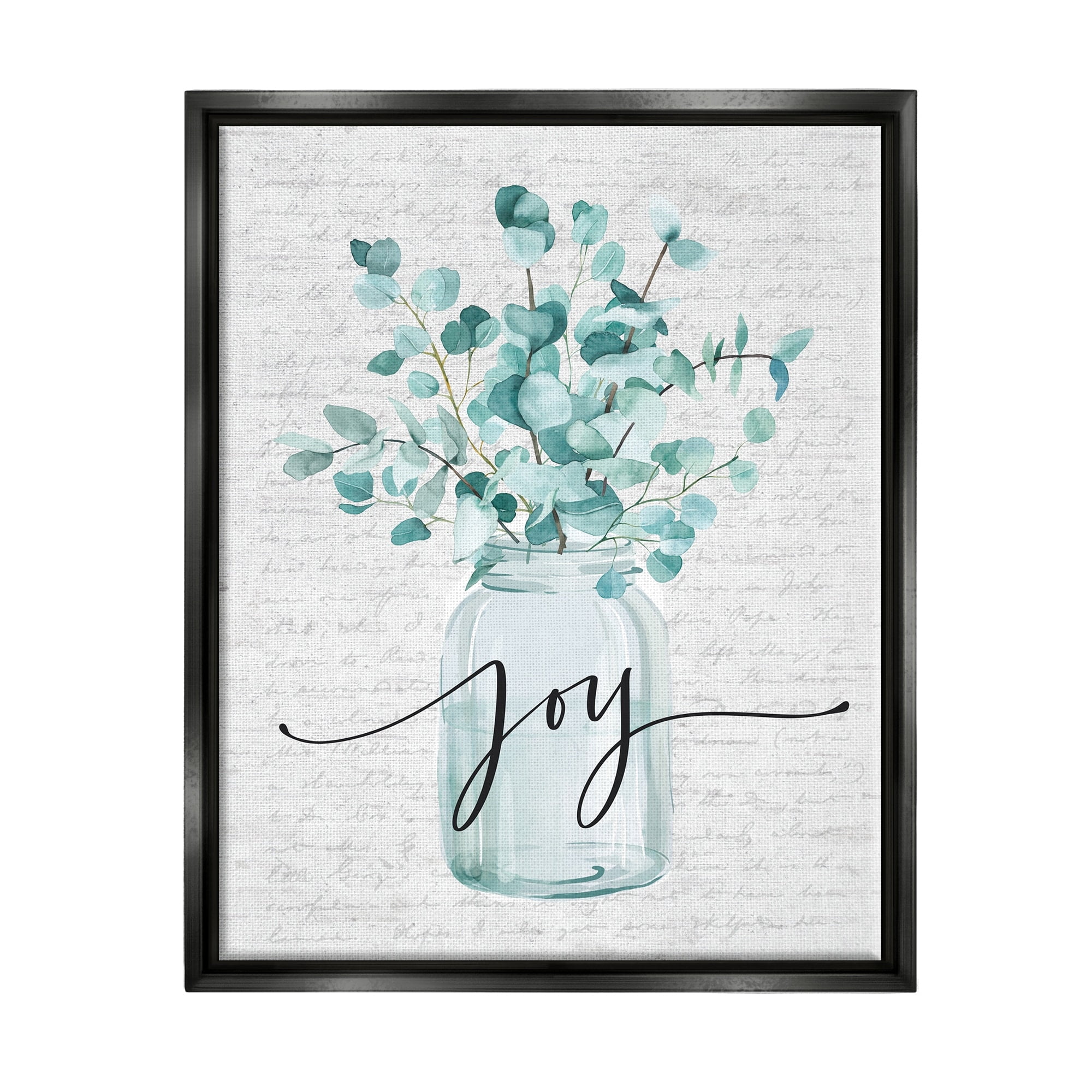 Stupell Industries Aqua Blue Plant Leaves In Jar Joy Text Design Jet Black Framed Floating Canvas Wall Art, 24x30, by Lettered and Lined