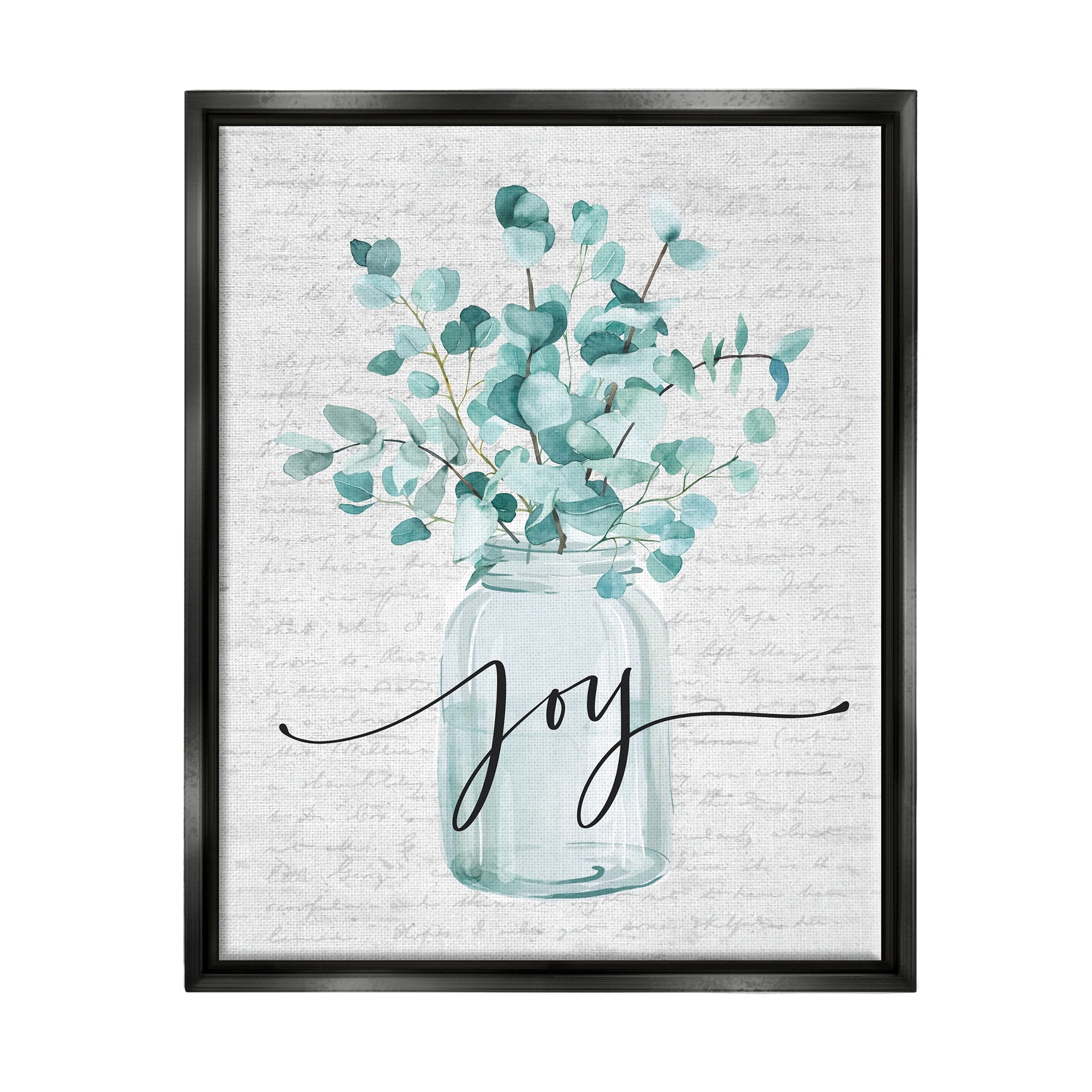 Stupell Industries Aqua Blue Plant Leaves In Jar Joy Text Design Luster Gray Framed Floating Canvas Wall Art, 16x20, by Lettered and Lined