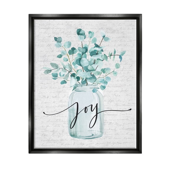 Stupell Industries Aqua Blue Plant Leaves In Jar Joy Text Design Luster Gray Framed Floating Canvas Wall Art, 24x30, by Lettered and Lined
