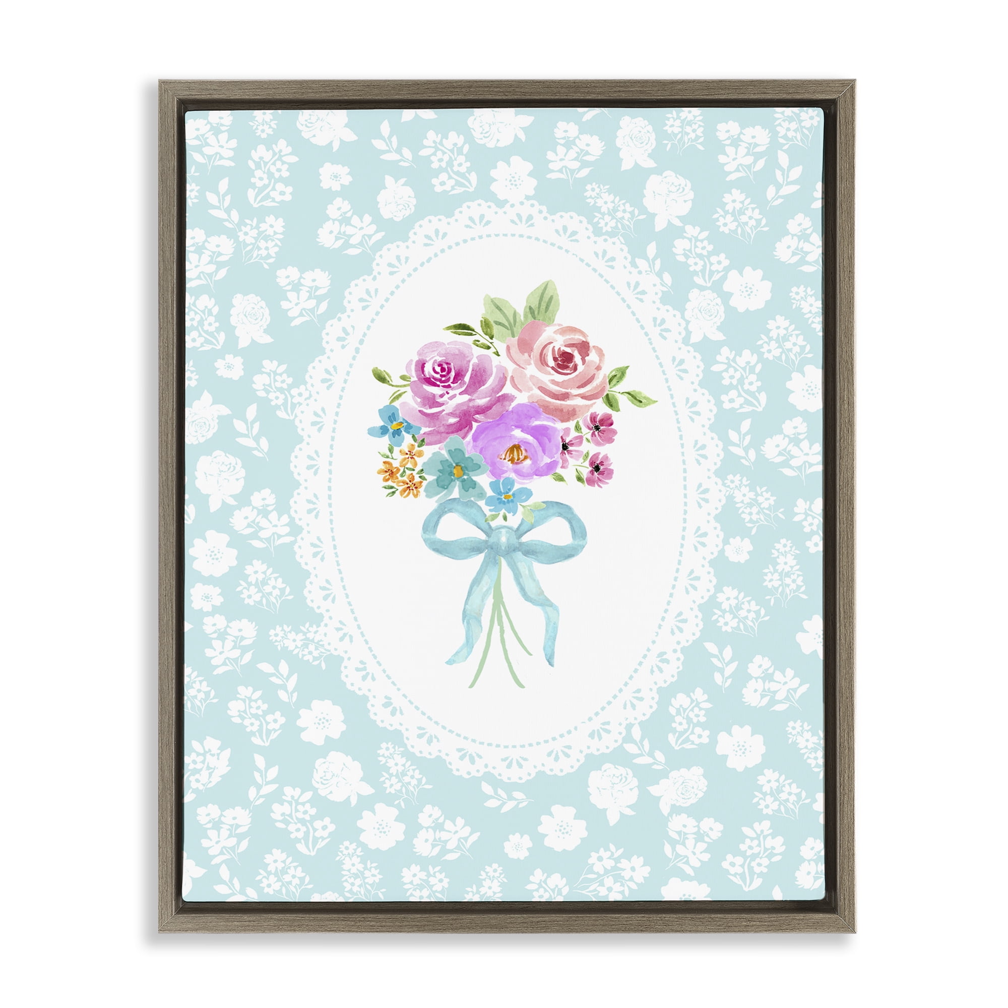 Stupell Industries Aqua Feminine Bouquet Brown Framed Floater Canvas Wall Art, design by Corinne Haig