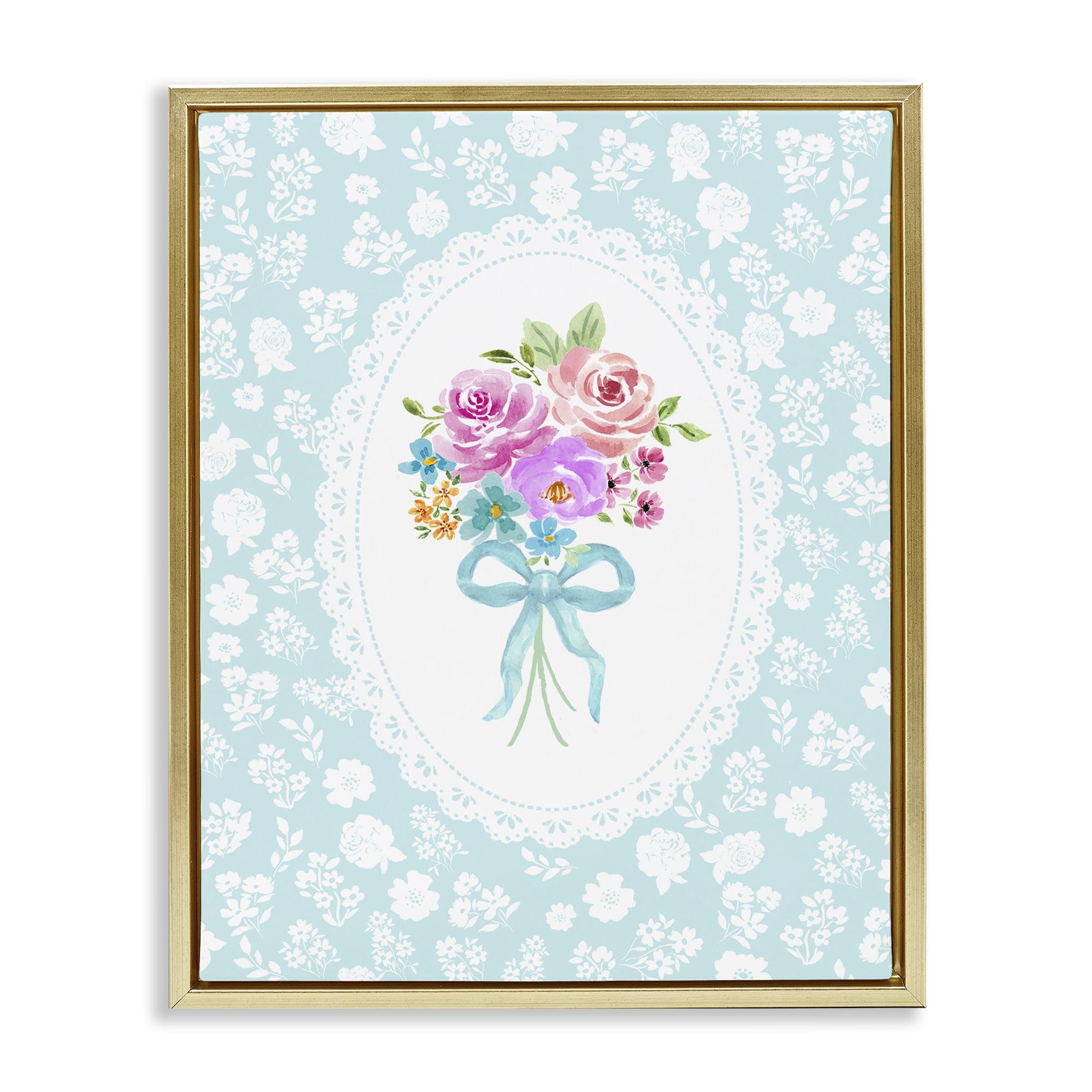 Stupell Industries Aqua Feminine Bouquet Gold Framed Floater Canvas Wall Art, design by Corinne Haig