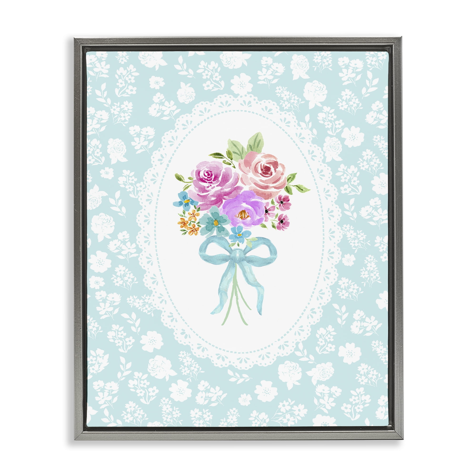Stupell Industries Aqua Feminine Bouquet Gray Framed Floater Canvas Wall Art, design by Corinne Haig