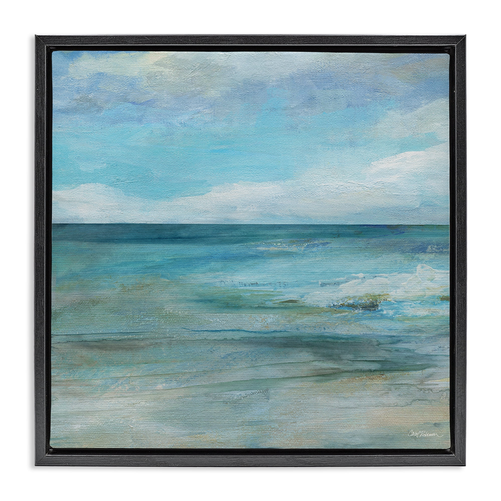 Stupell Industries Aqua Ocean Horizon Abstract Black Framed Floater Canvas Wall Art, design by Carol Robinson