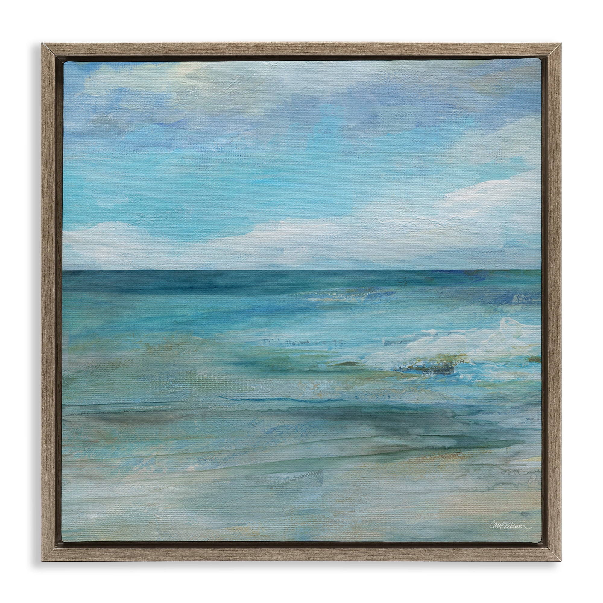 Stupell Industries Aqua Ocean Horizon Abstract Brown Framed Floater Canvas Wall Art, design by Carol Robinson