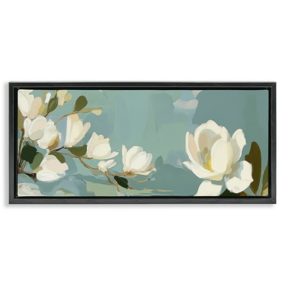 Stupell Industries Aquamarine Magnolia Blossoms Black Framed Floater Canvas Wall Art design by Elara Yasna, 11 x 25