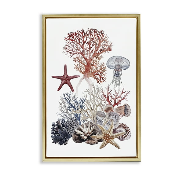 Stupell Industries Aquatic Animals & Coral Animals Painting Gold Floater Framed Canvas Art Print Wall Art, 17 x 25