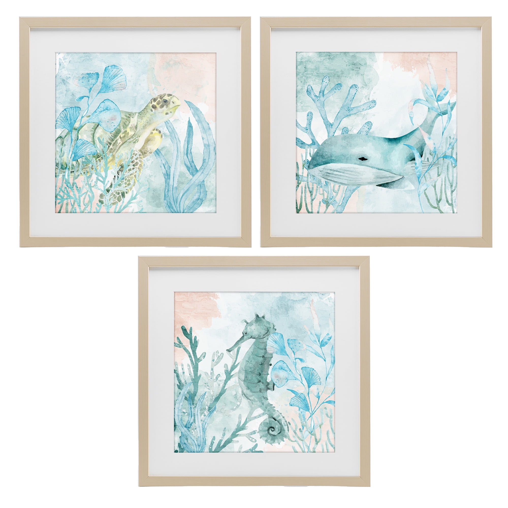Stupell Industries Aquatic Animals Sea Swim 3 Piece Birch Framed Print Under Glass Set, design by Kim Allen