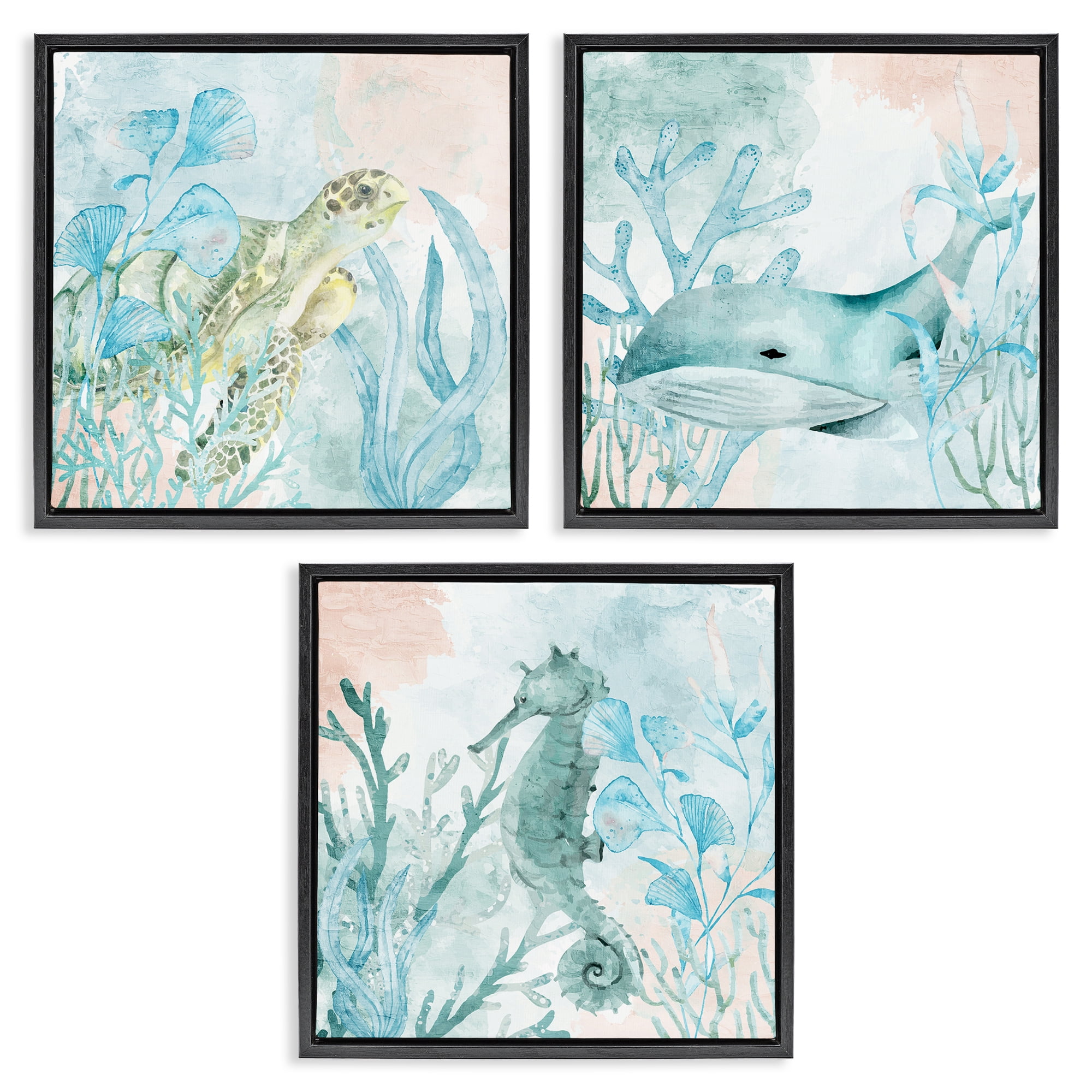 Stupell Industries Aquatic Animals Sea Swim 3 Piece Black Framed Floater Canvas Set, design by Kim Allen