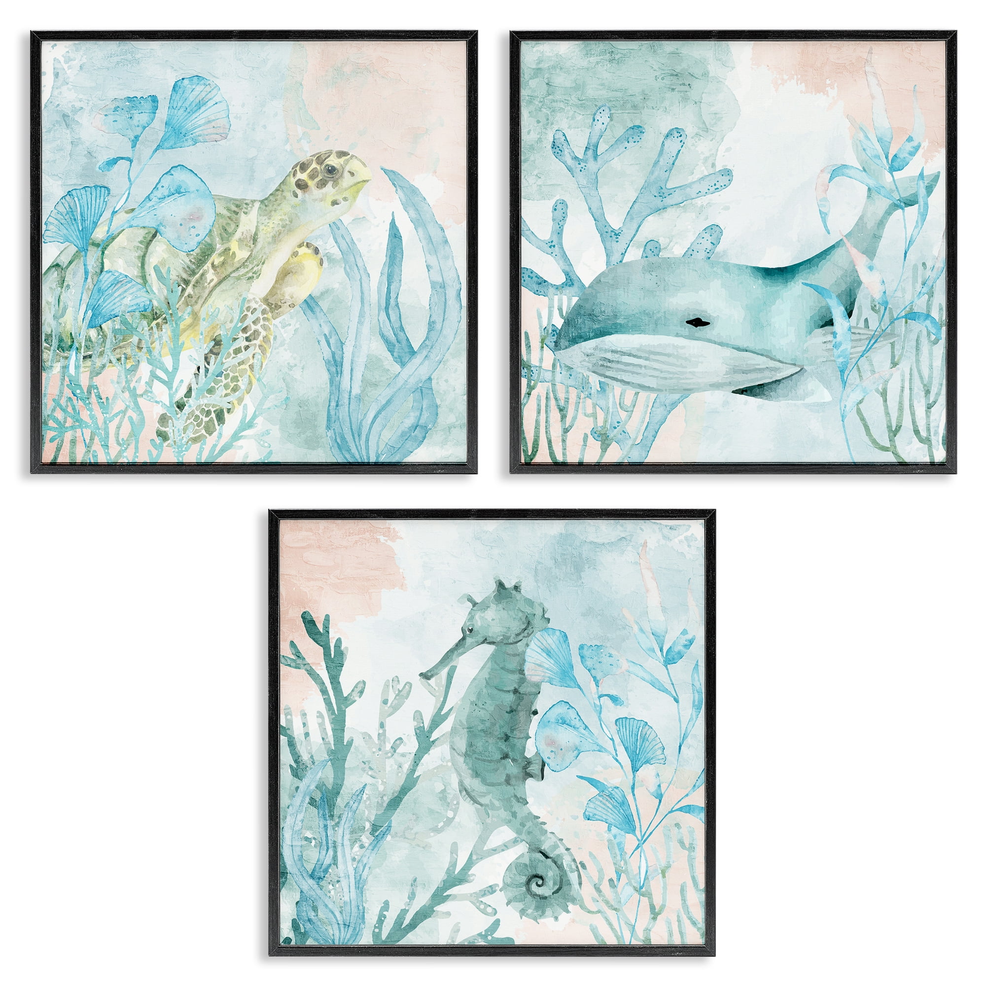 Stupell Industries Aquatic Animals Sea Swim 3 Piece Black Framed Giclee Art Set, design by Kim Allen