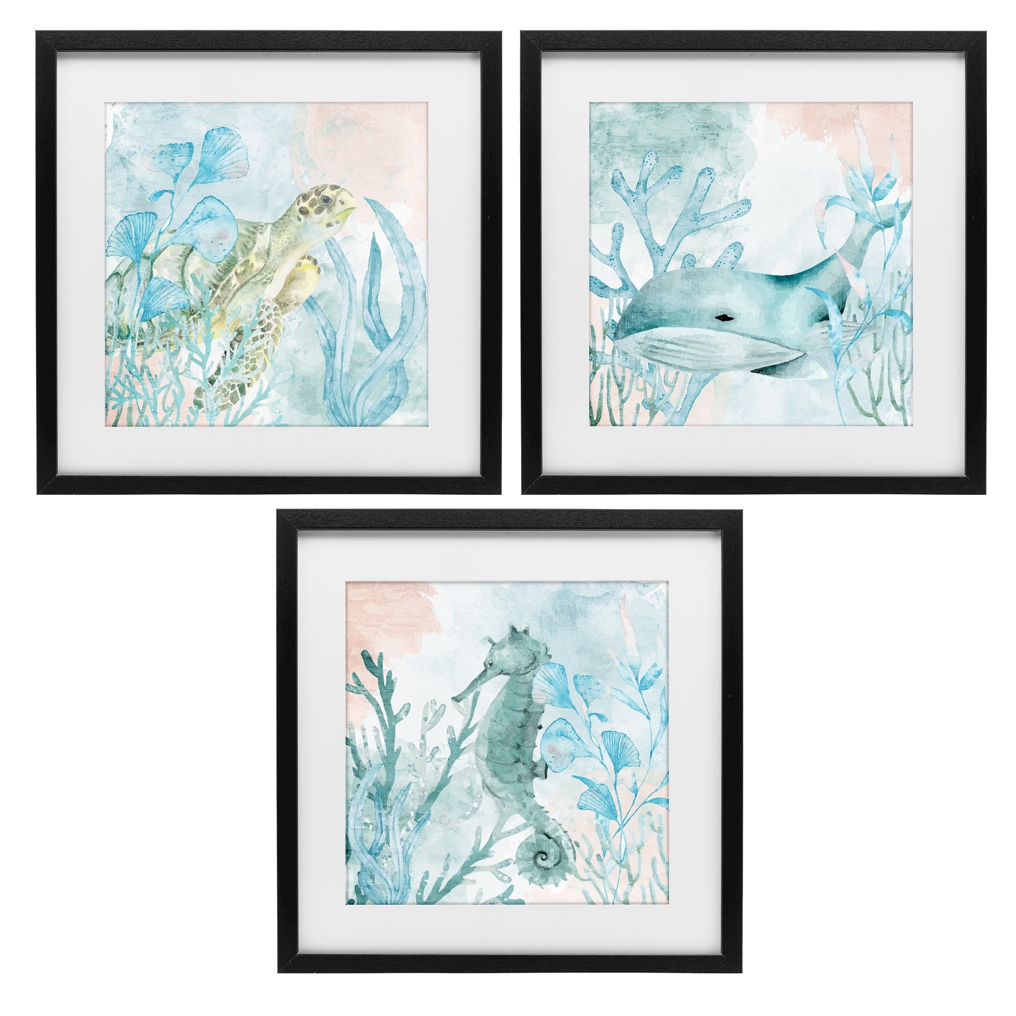 Stupell Industries Aquatic Animals Sea Swim 3 Piece Black Framed Print Under Glass Set, design by Kim Allen