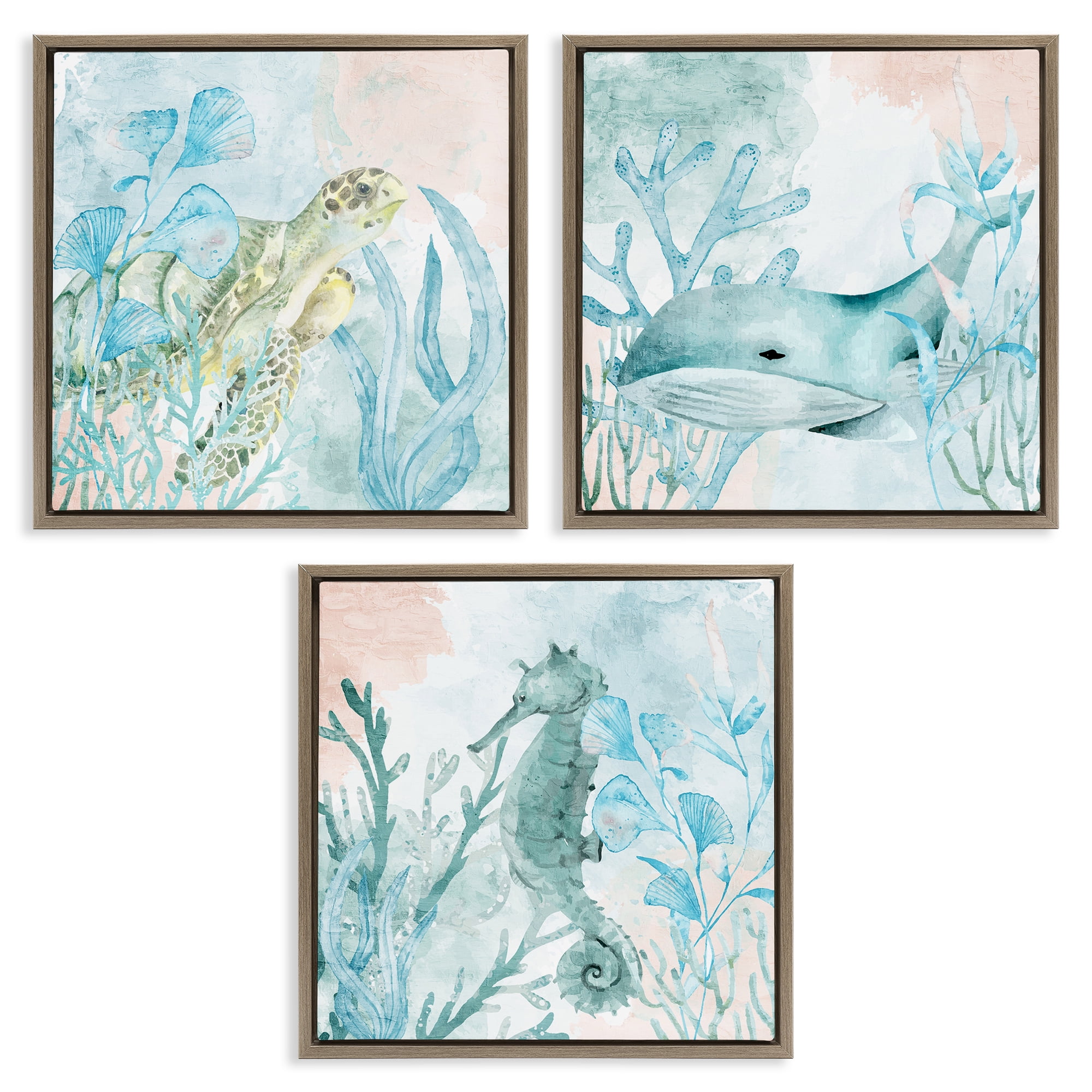 Stupell Industries Aquatic Animals Sea Swim 3 Piece Brown Framed Floater Canvas Set, design by Kim Allen