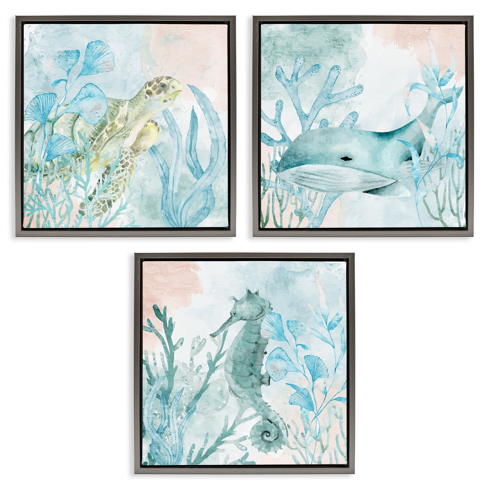 Stupell Industries Aquatic Animals Sea Swim 3 Piece Gray Framed Floater Canvas Set, design by Kim Allen