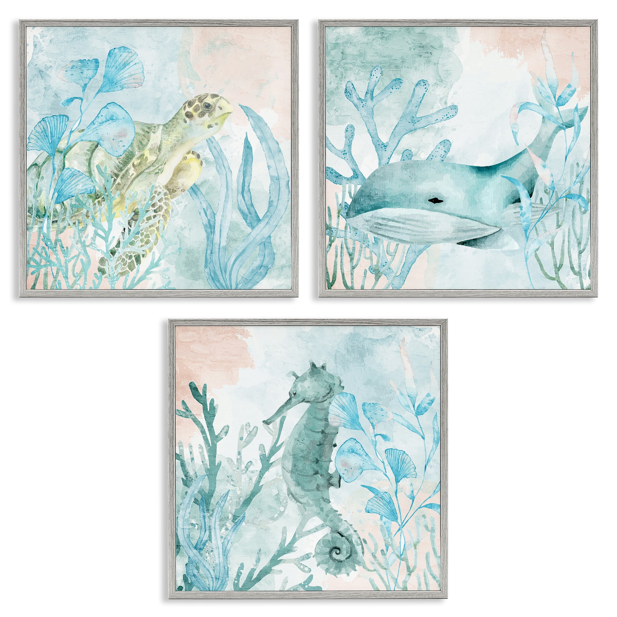 Stupell Industries Aquatic Animals Sea Swim 3 Piece Gray Framed Giclee Art Set, design by Kim Allen