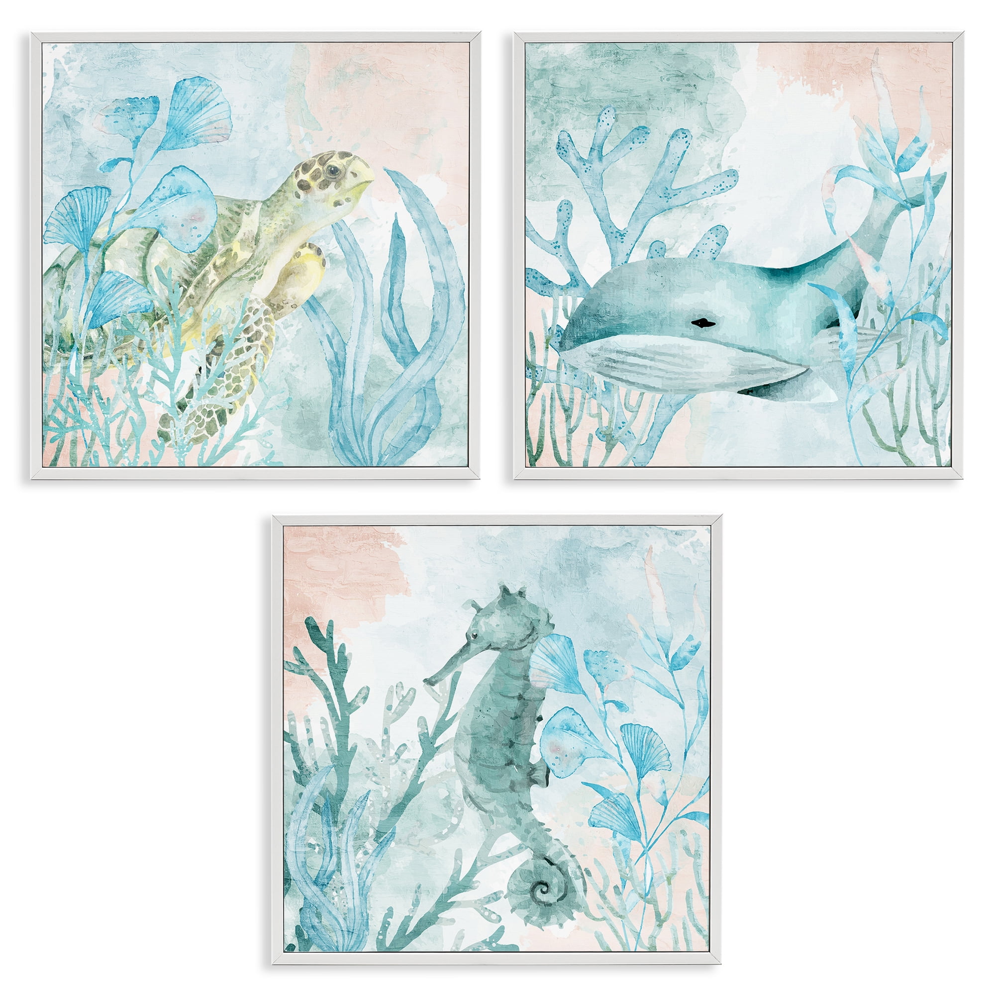Stupell Industries Aquatic Animals Sea Swim 3 Piece White Framed Giclee Art Set, design by Kim Allen