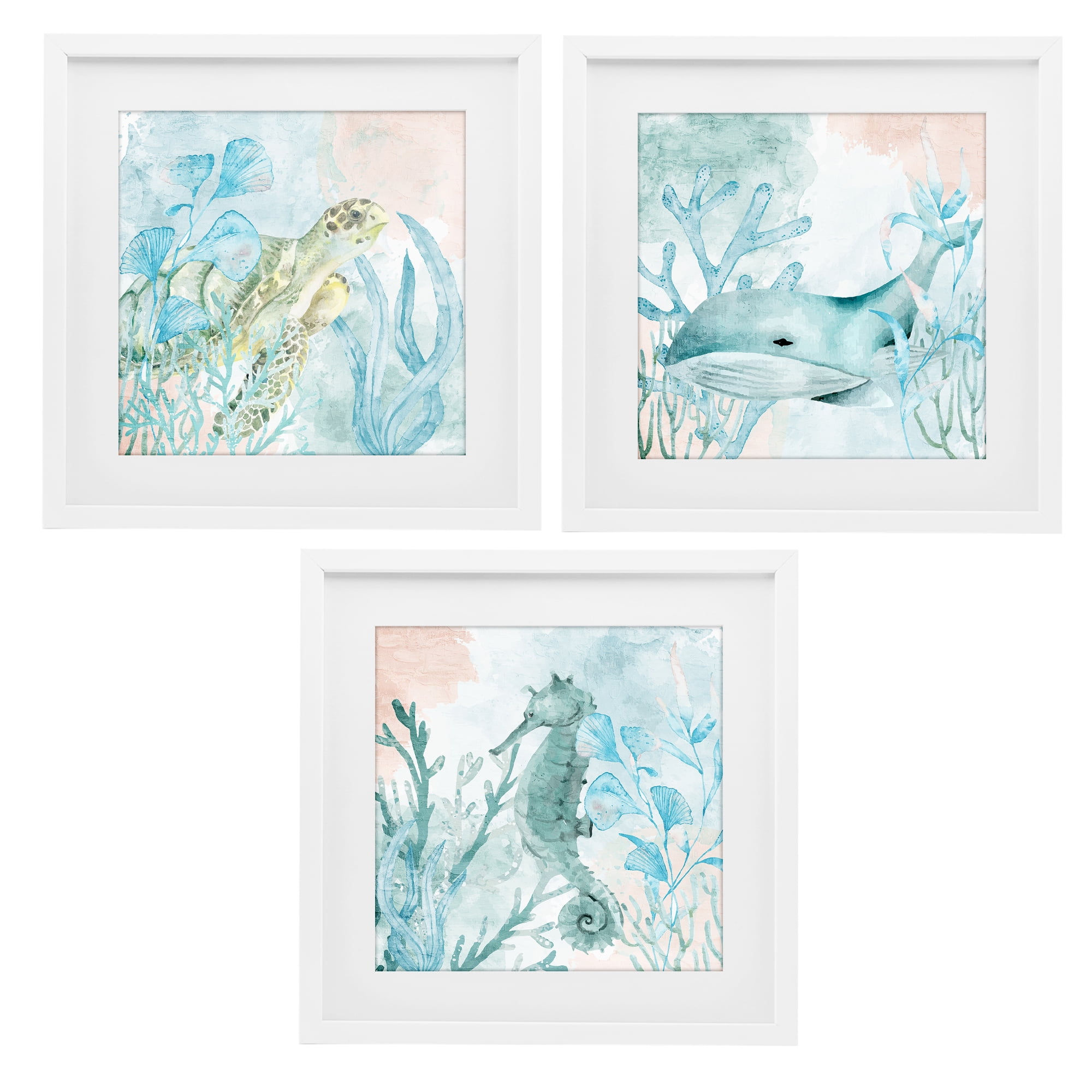 Stupell Industries Aquatic Animals Sea Swim 3 Piece White Framed Print Under Glass Set, design by Kim Allen