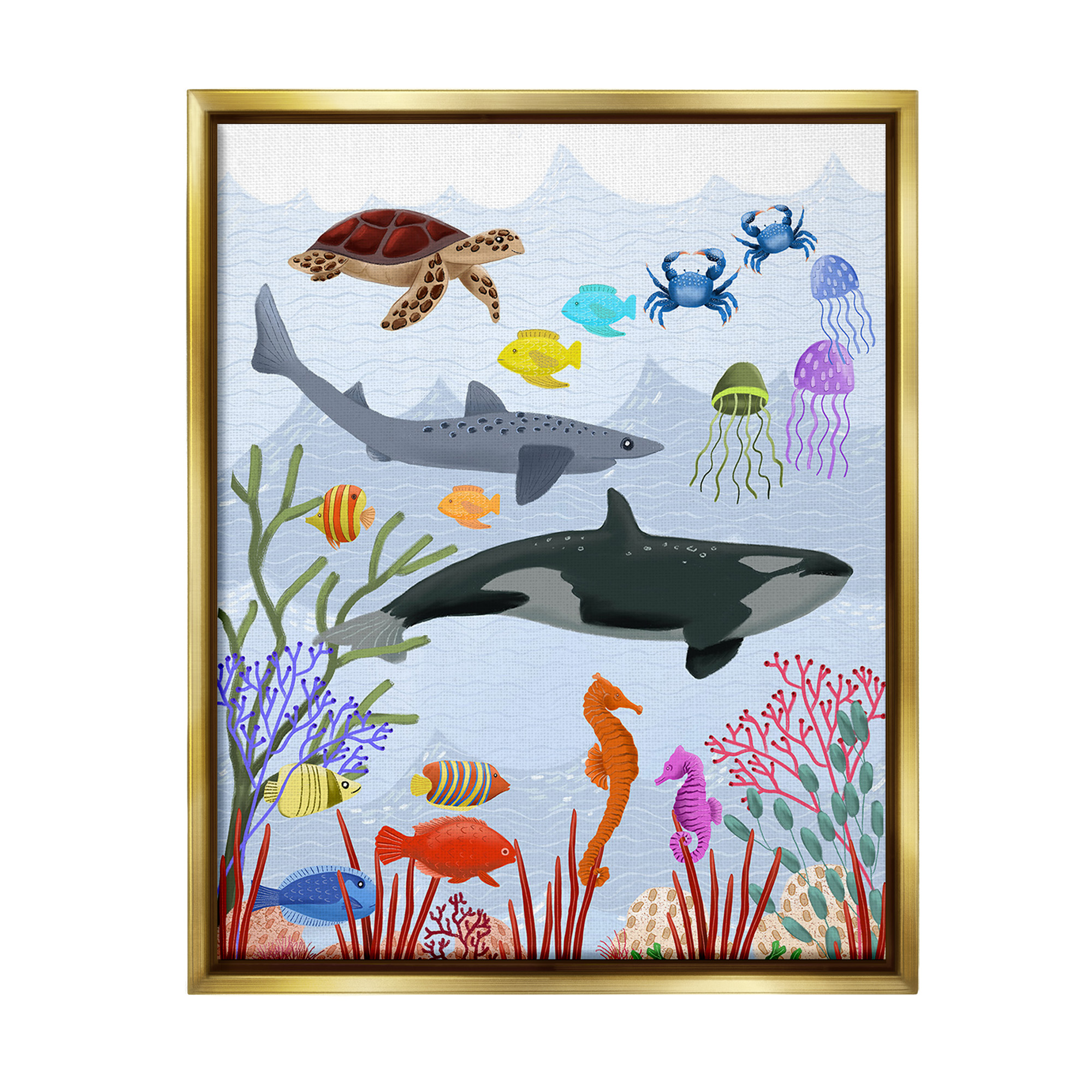 Stupell Industries Aquatic Animals Underwater Animals & Insects Painting Gold Floater Framed Canvas Art Print Wall Art, 17 x 21