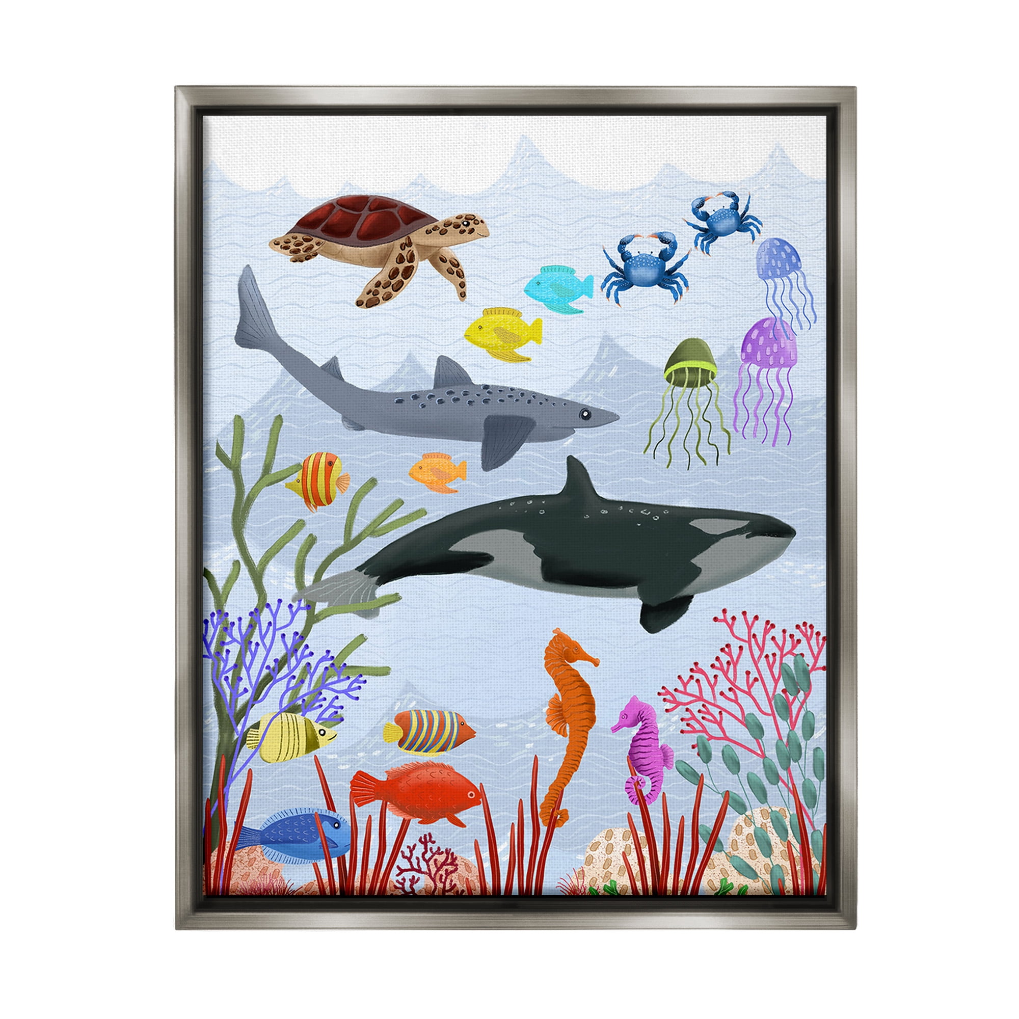Stupell Industries Aquatic Animals Underwater Animals & Insects Painting Gray Floater Framed Canvas Art Print Wall Art, 25 x 31